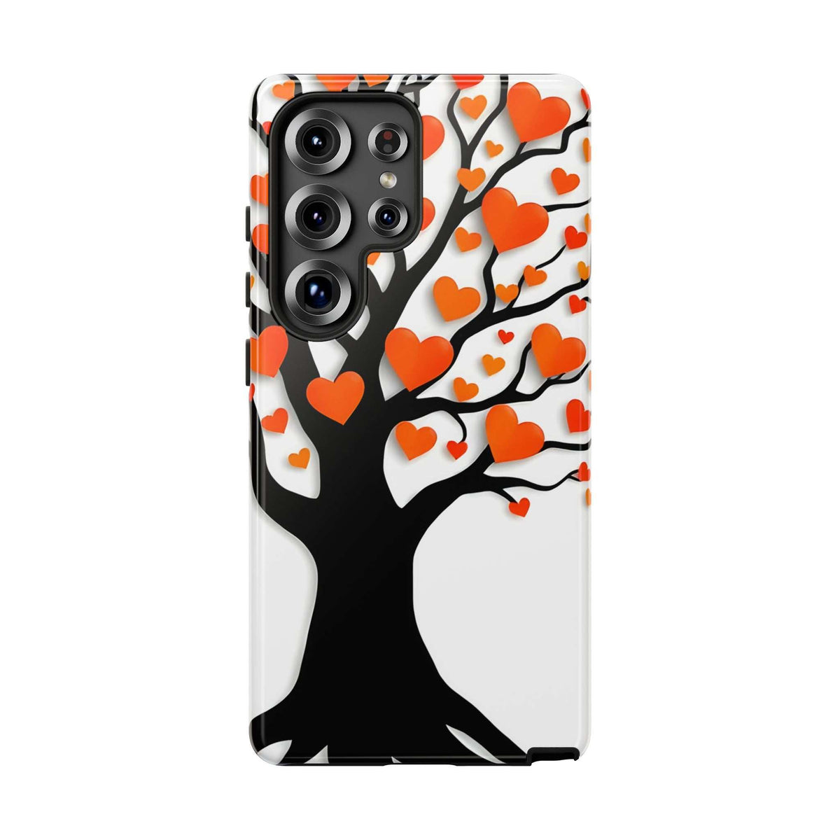 Phone case with orange hearts and black tree design, quad camera cutout and flash opening