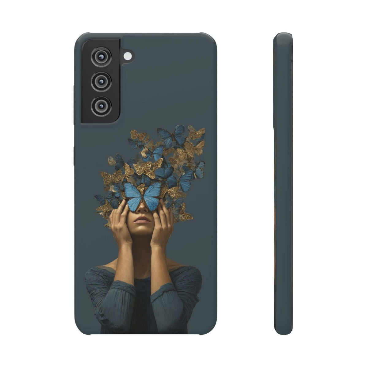 Dark gray phone case with butterfly woman graphic; side view shows slim protective edge.
