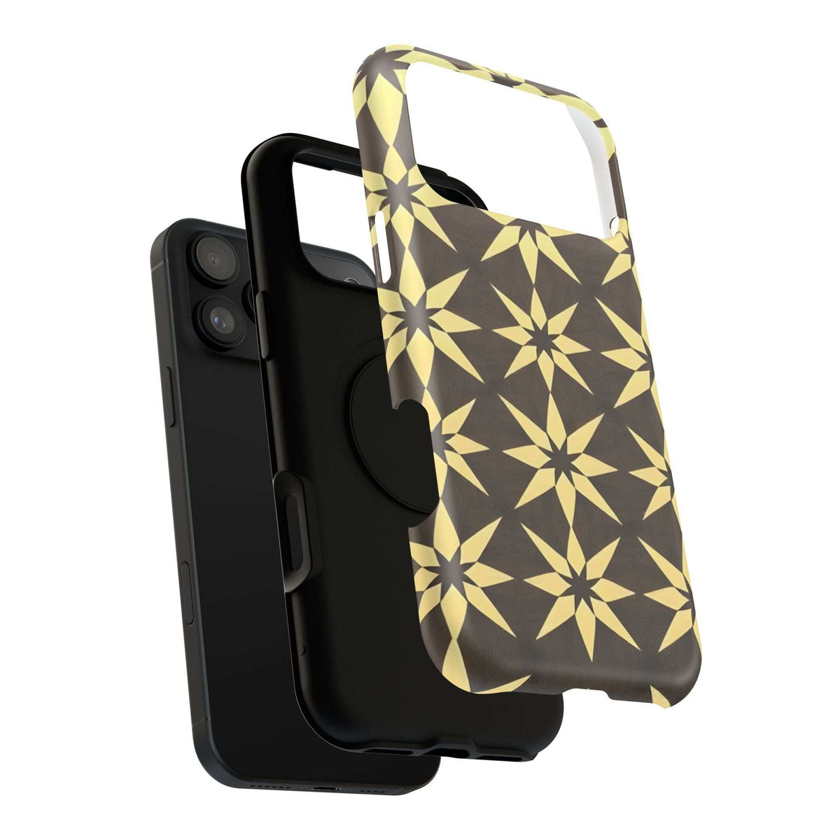 Phone case shown from side angle; dark base with gold starburst geometric pattern