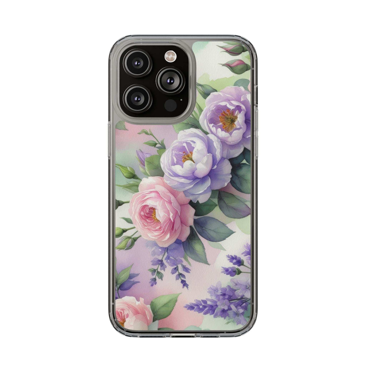 Clear floral phone case with pastel flower pattern and protective raised edges