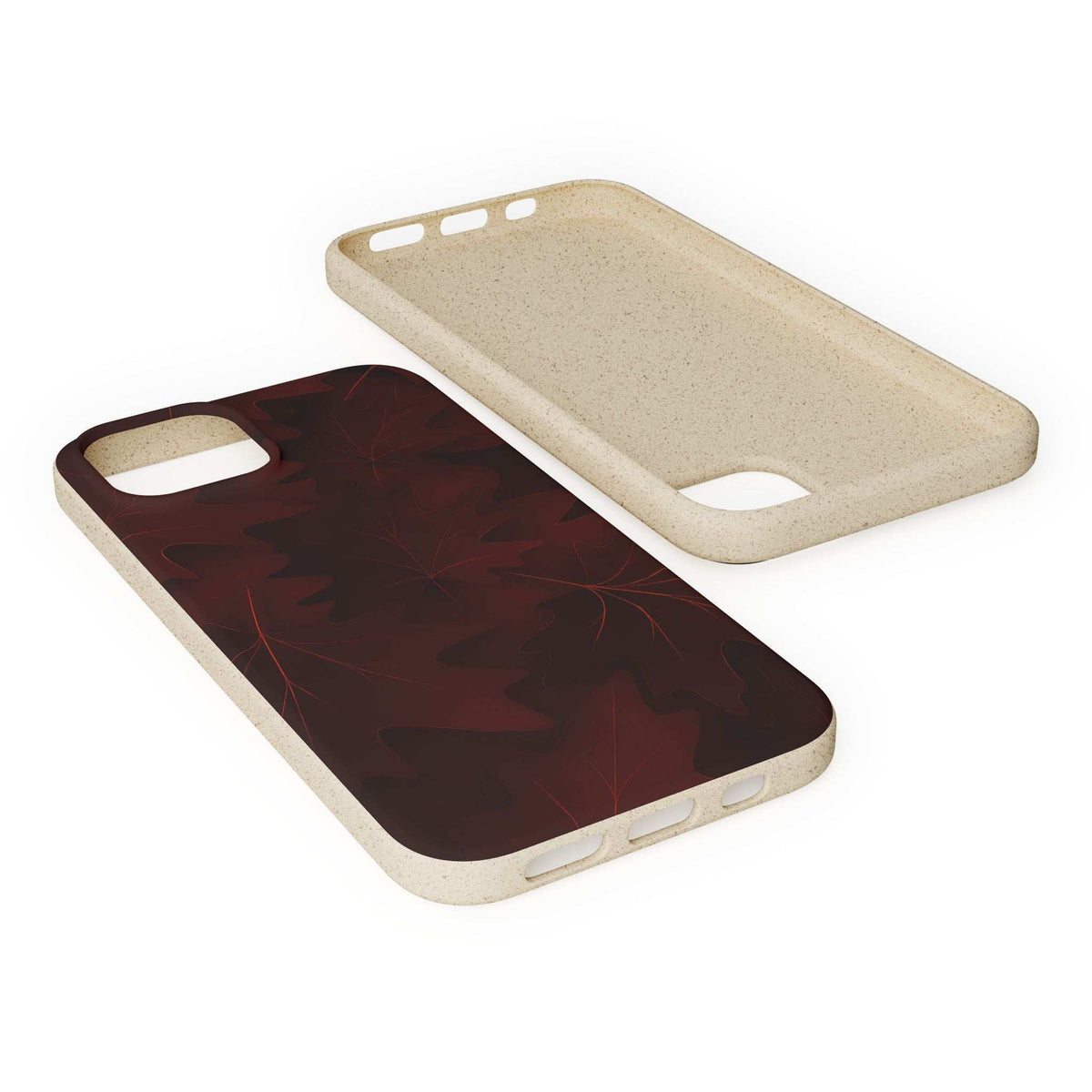 Phone case set: dark red leaf case and light beige back cover, both with camera cutouts