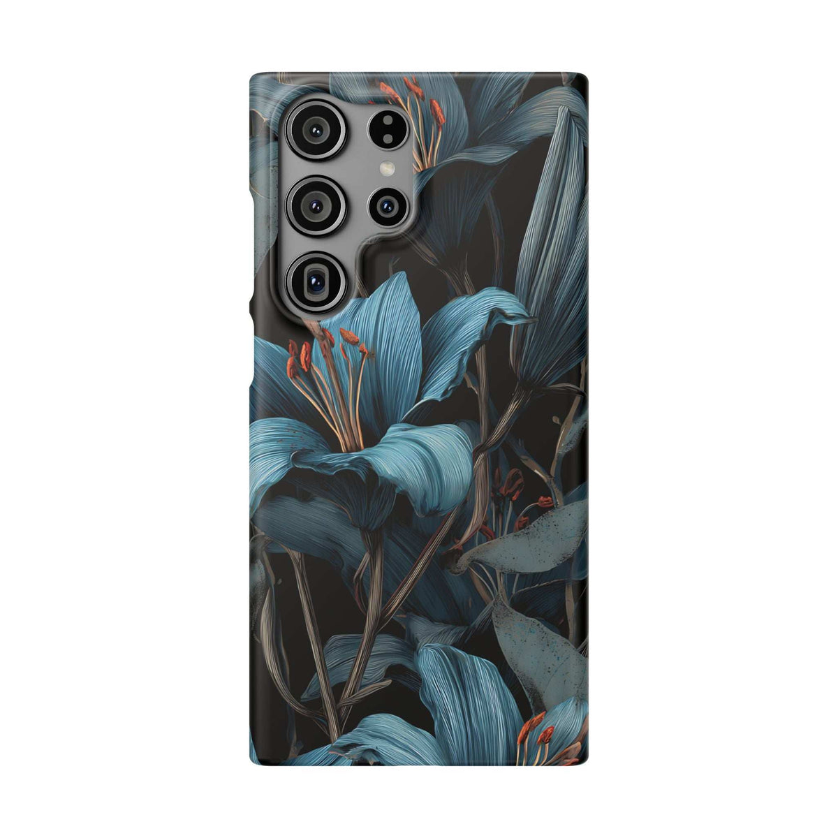 Blue botanical phone case with dual-camera cutouts and glossy floral pattern
