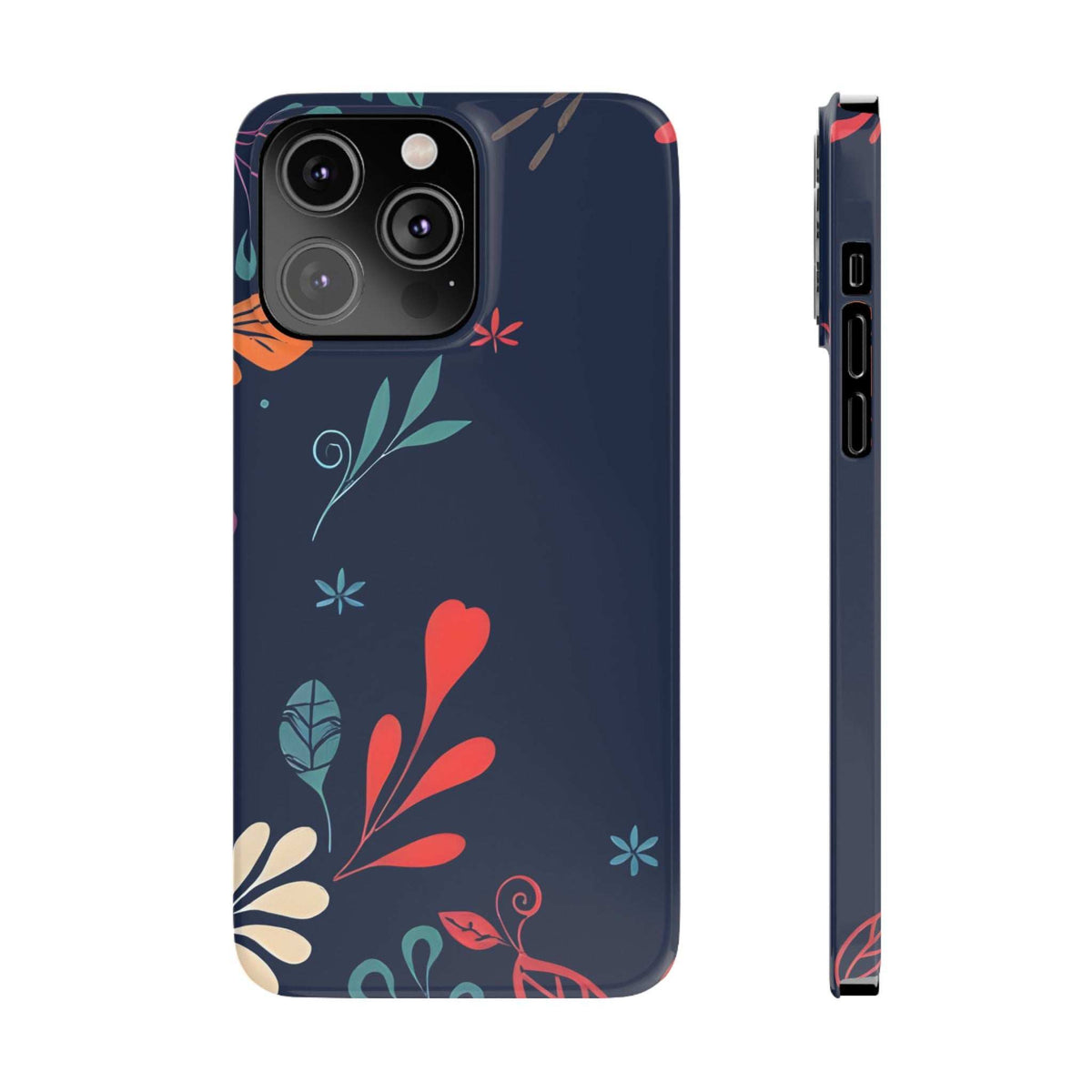 Dark navy phone case with colorful floral pattern; side profile with button cutouts