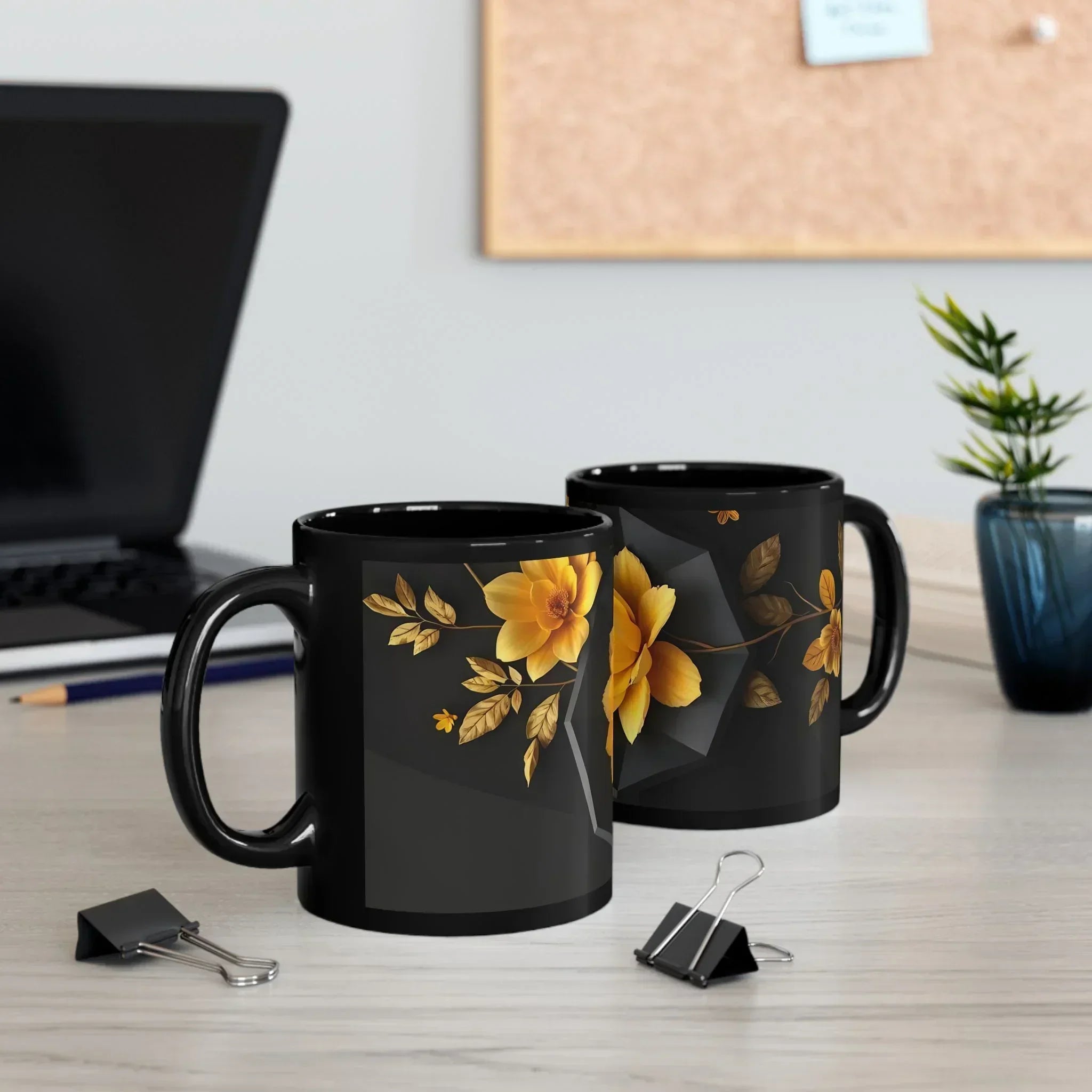 Glossy Black Floral Mug (11oz, 15oz) - KARARMDESIGN