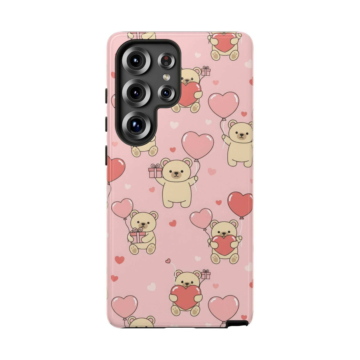 Pink teddy bear and heart phone case with multi-camera cutouts