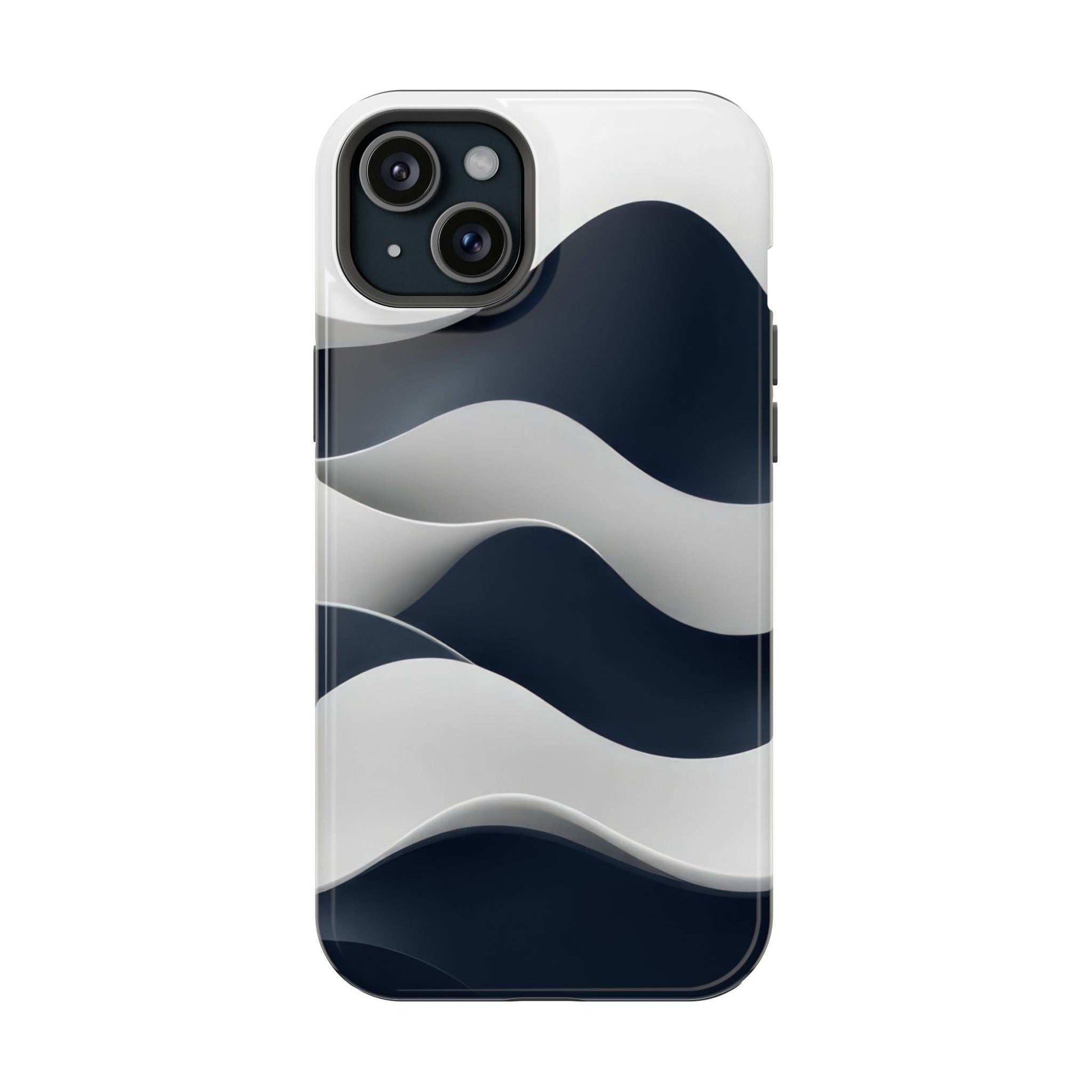 Glossy phone case with navy and white wave pattern; raised camera area and smooth backing