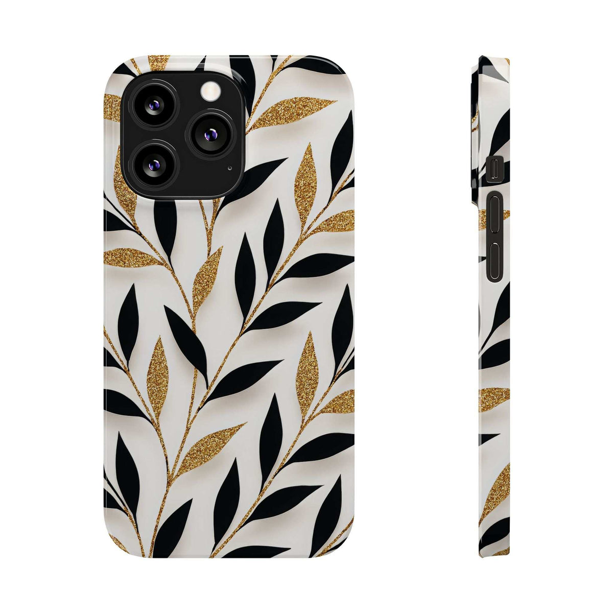 iPhone phone case with black leaf branches on white background, gold glitter accents; back and side