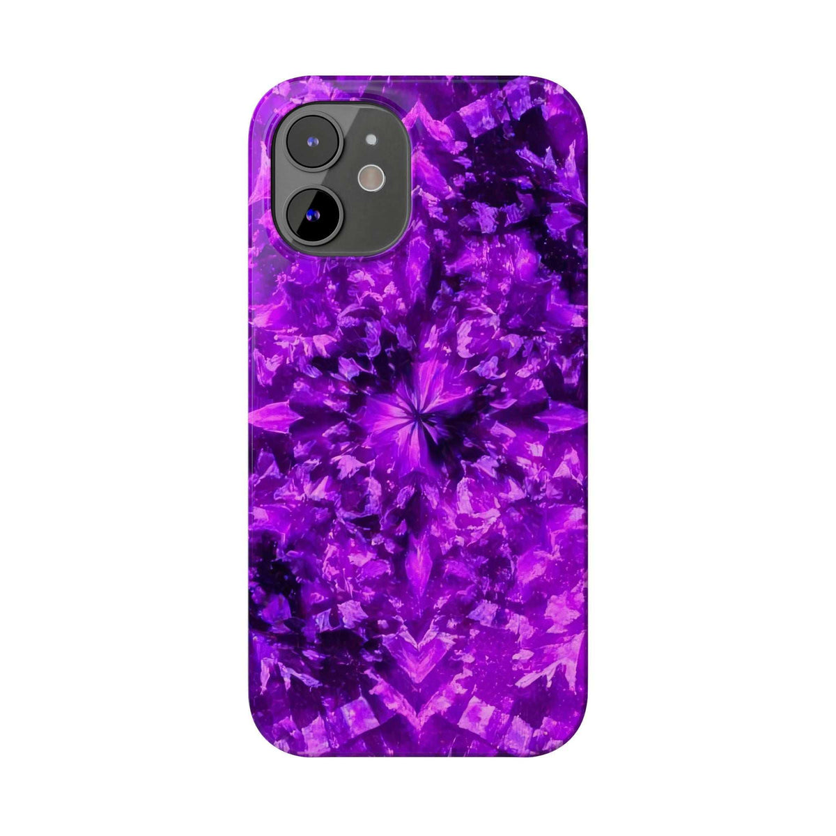 Purple kaleidoscope phone case, front view with triple camera cutouts