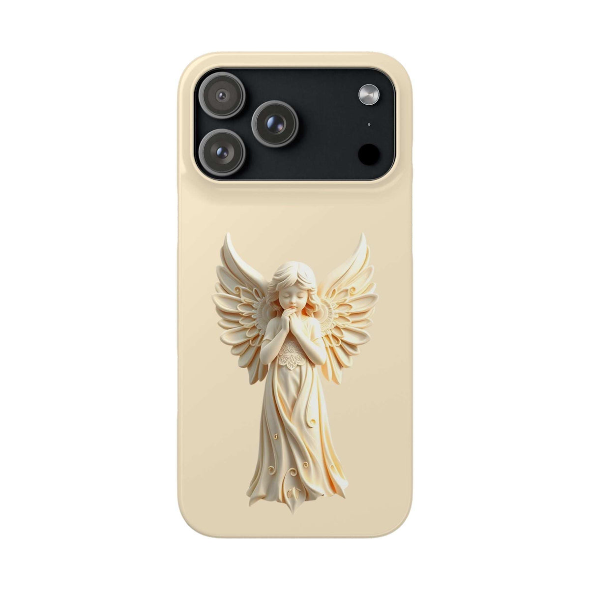 Light beige phone case with raised angel figurine relief and multi-lens camera opening