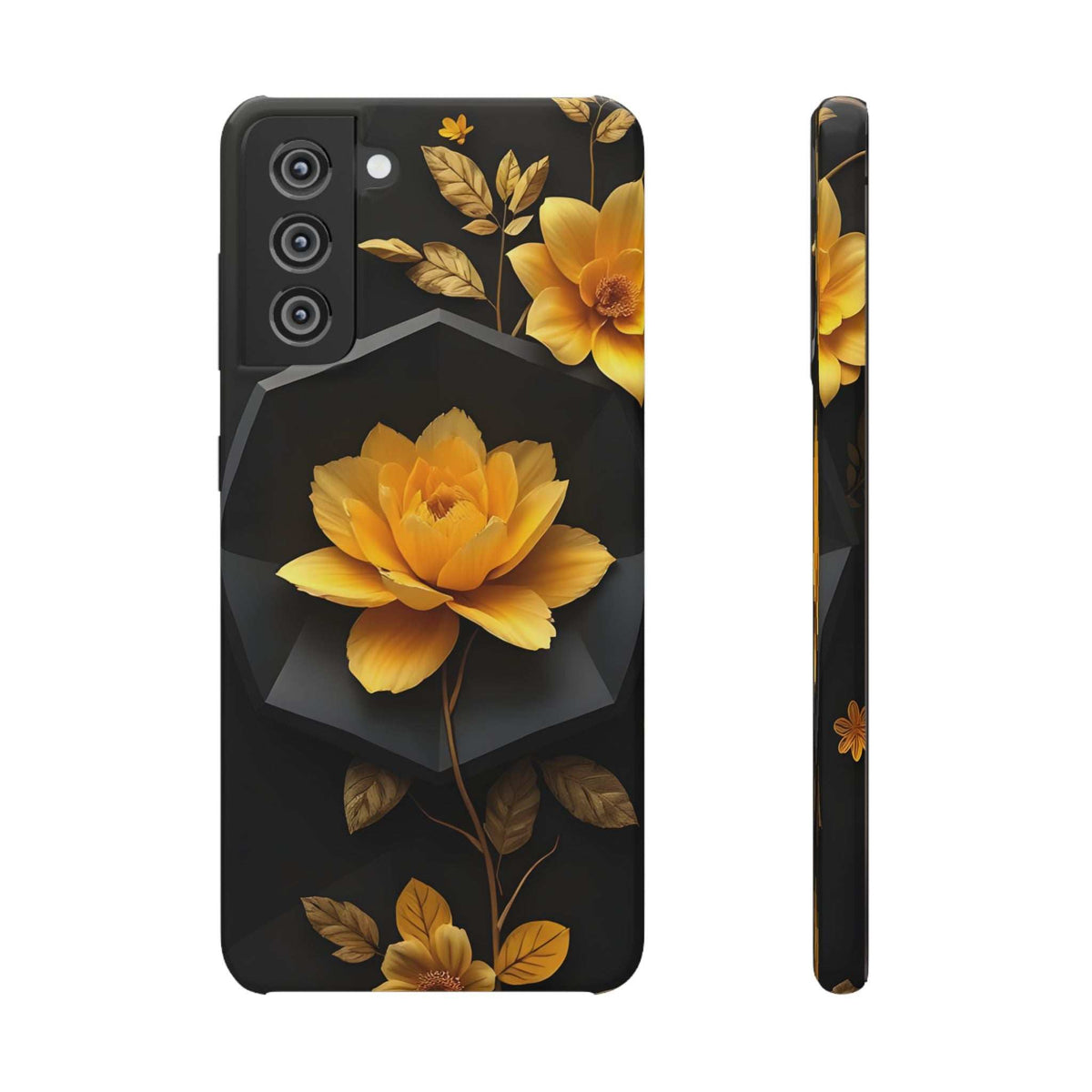 Black floral phone case with yellow blossoms, side profile and camera cutout