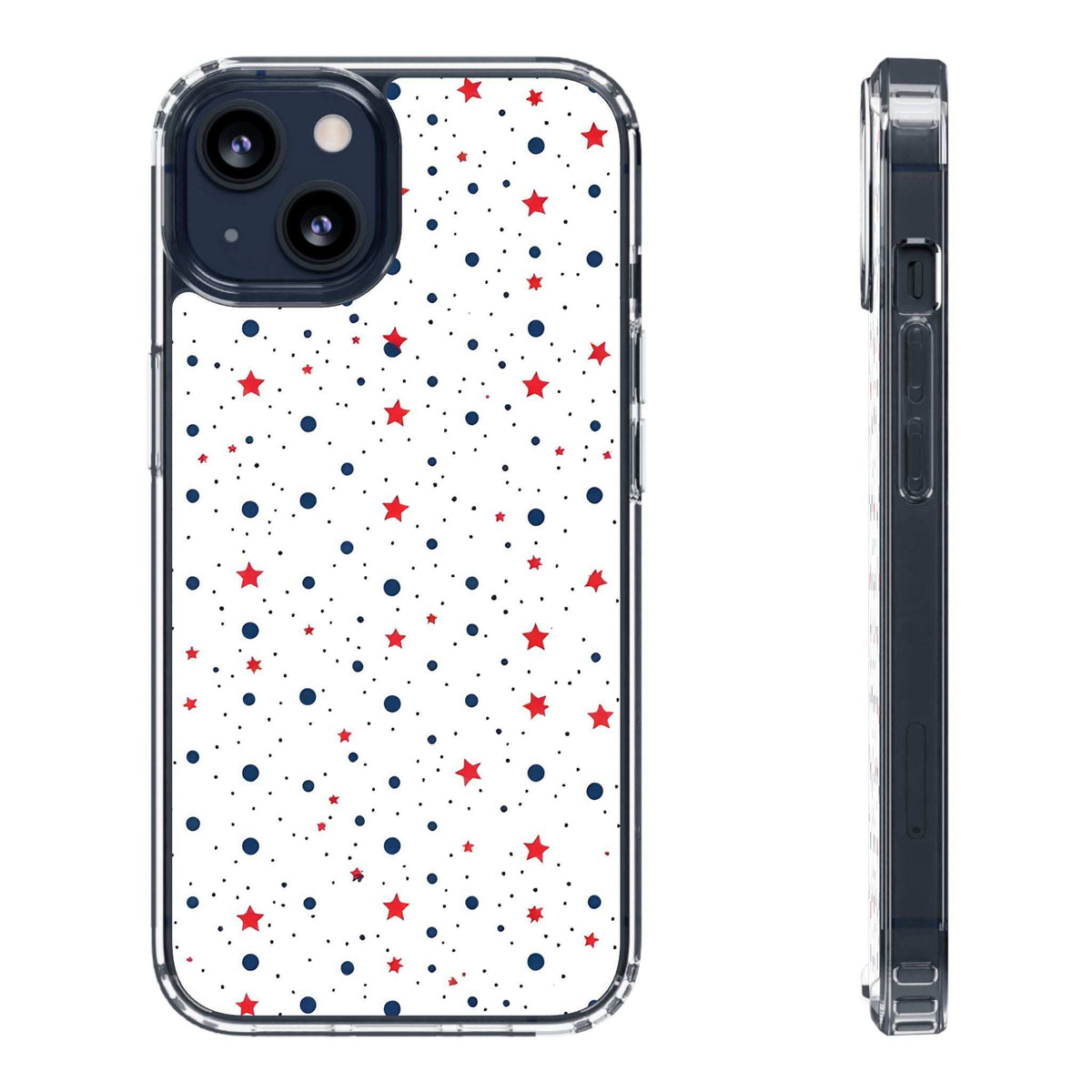 Clear phone case with white polka dots and red/blue stars; front and side edge profile.