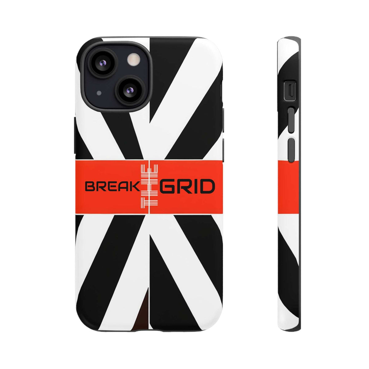 Phone case with black-and-white geometric stripes, red "Break Grid" band, front and side view.