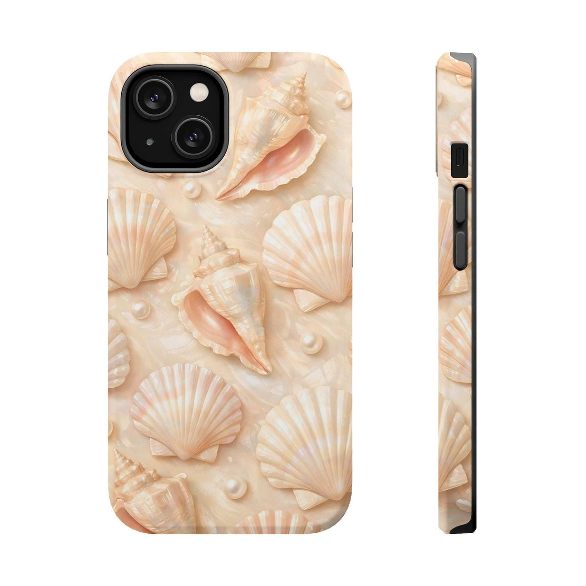 Seashell phone case, cream seashell pattern; front view with MagSafe side profile