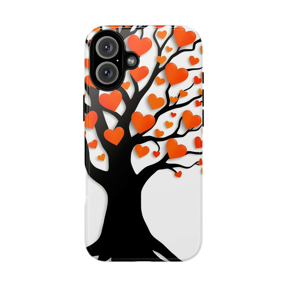 Heart tree phone case with orange and red hearts on white, black tree silhouette