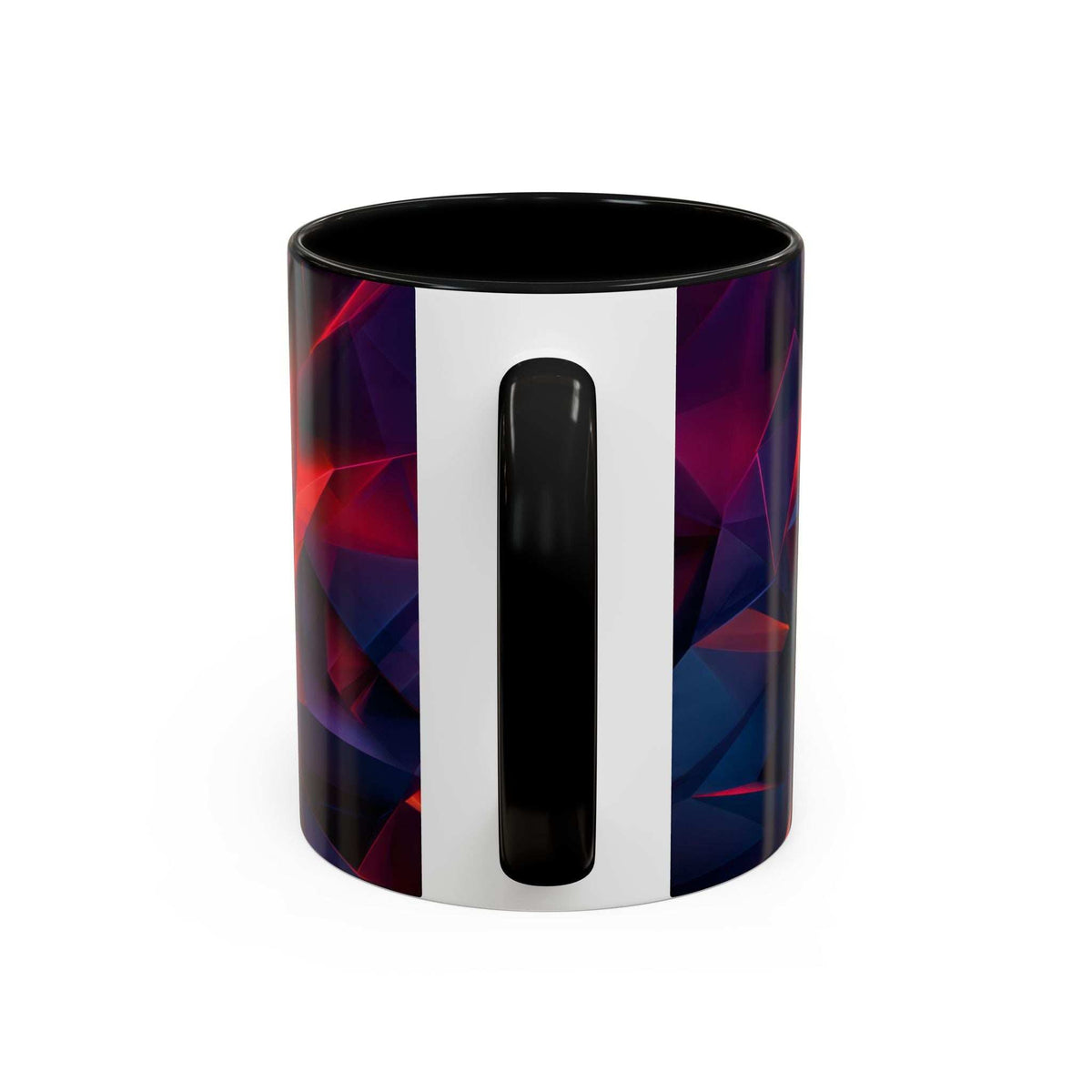 Ceramic accent mug with black vertical stripe and faceted red/purple/blue pattern, glossy lid rim