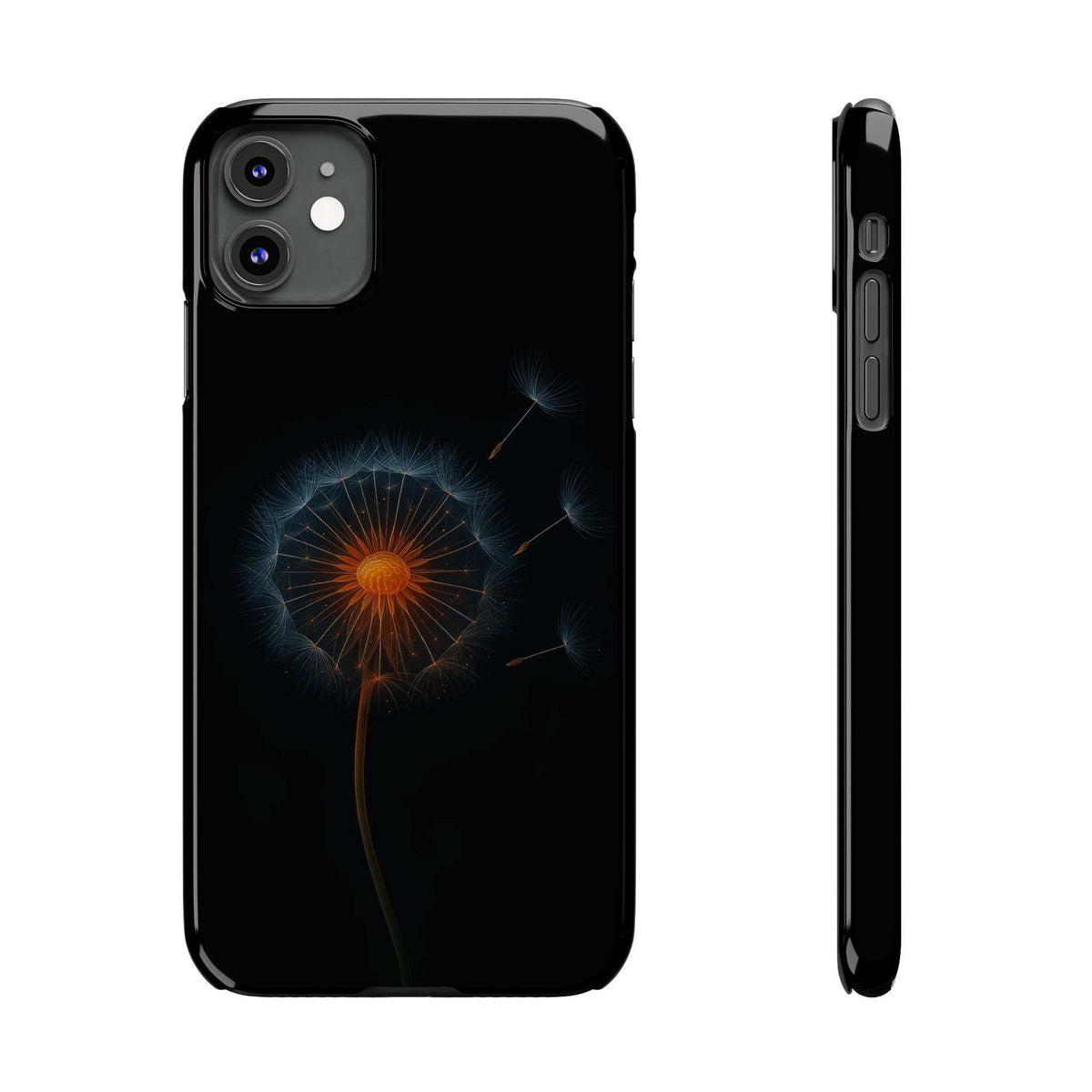 Black phone case with glowing dandelion design, camera cutouts on the back