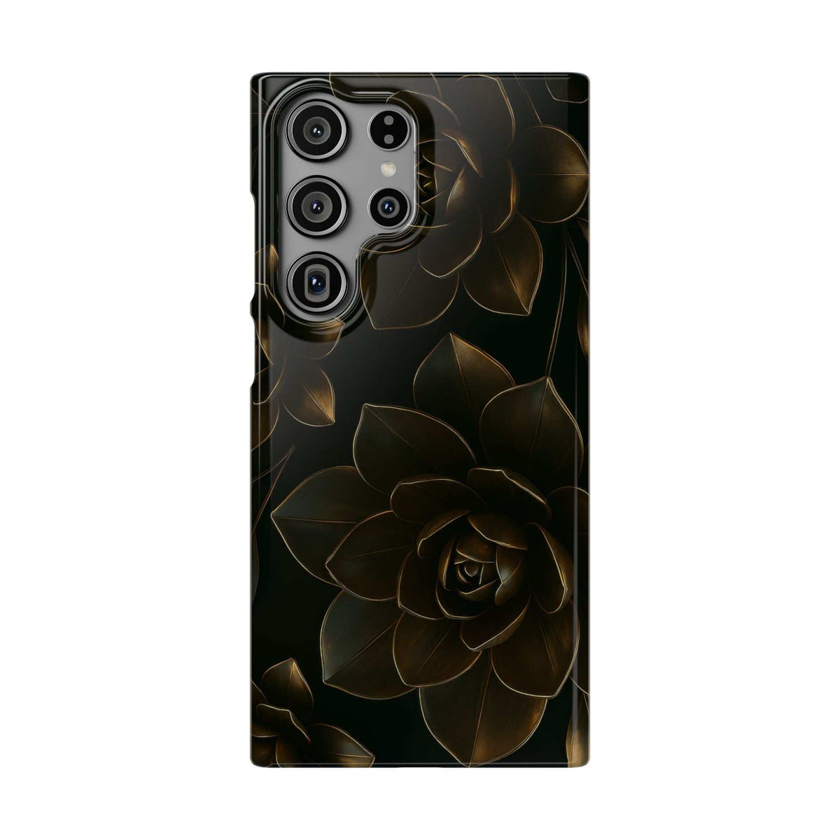 Glossy metal flower phone case featuring gold rose line art on dark base, camera module cutout