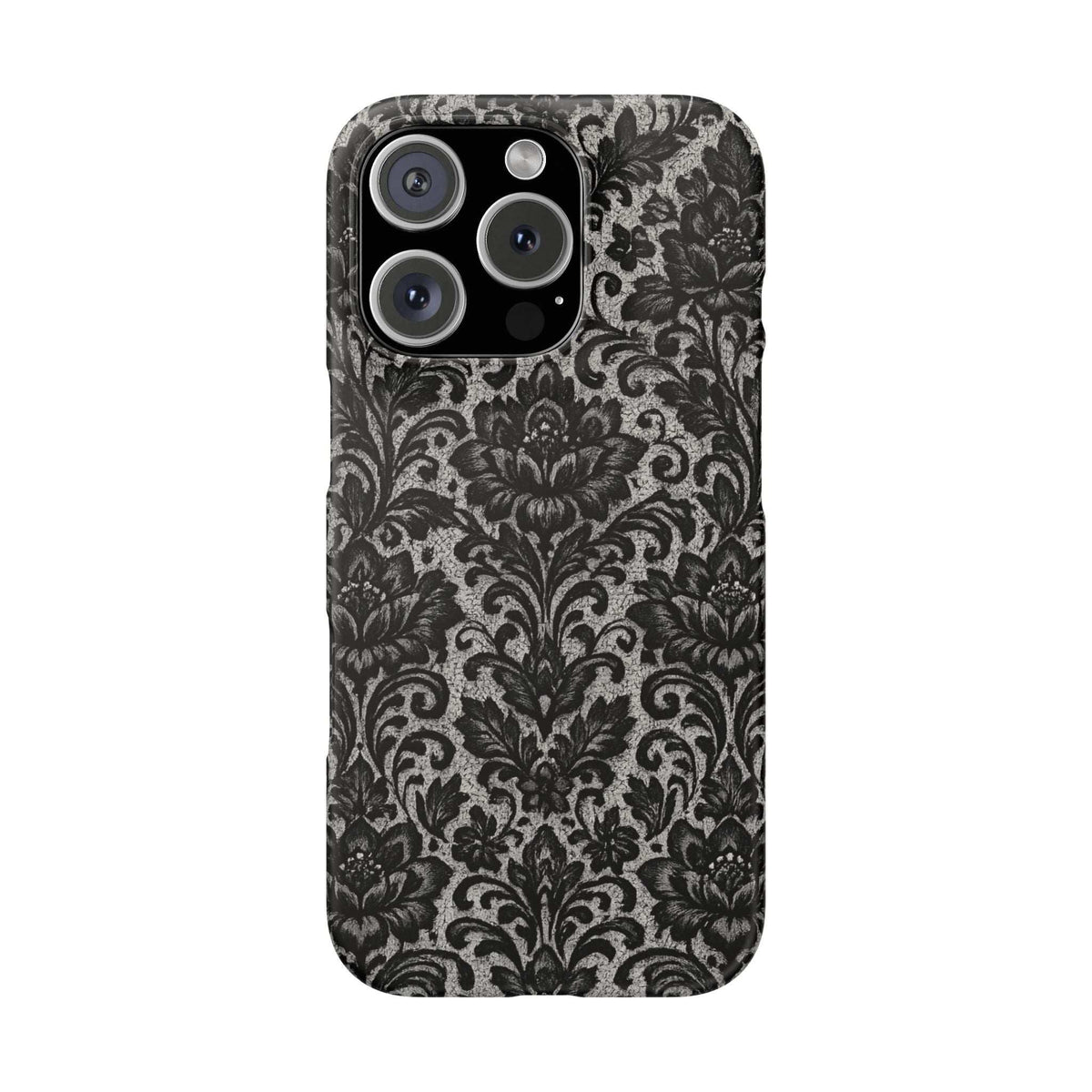 Black damask floral phone case, back view with raised camera lenses and cutouts