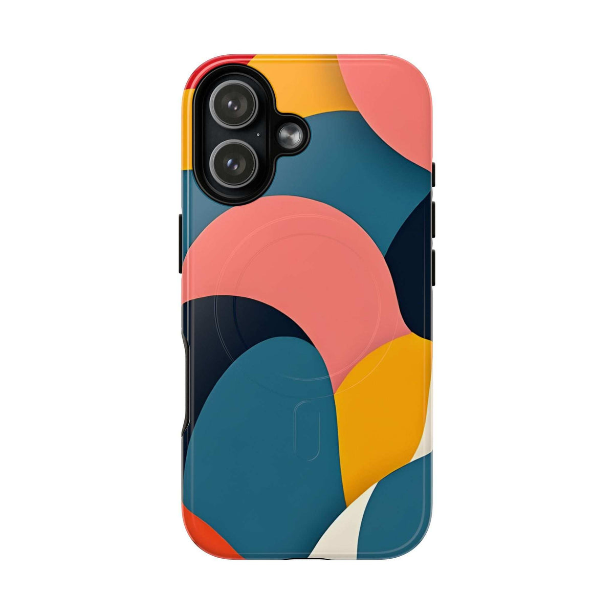 Colorful abstract phone case with teal and navy shapes plus coral highlights; triple-camera cutout