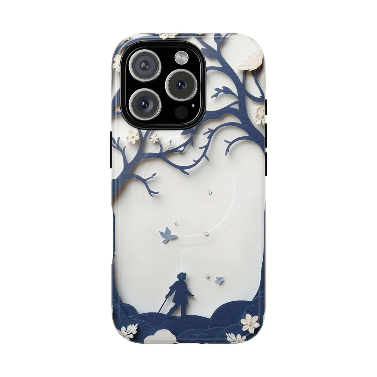 Phone case with blue tree and bird silhouettes, black camera module