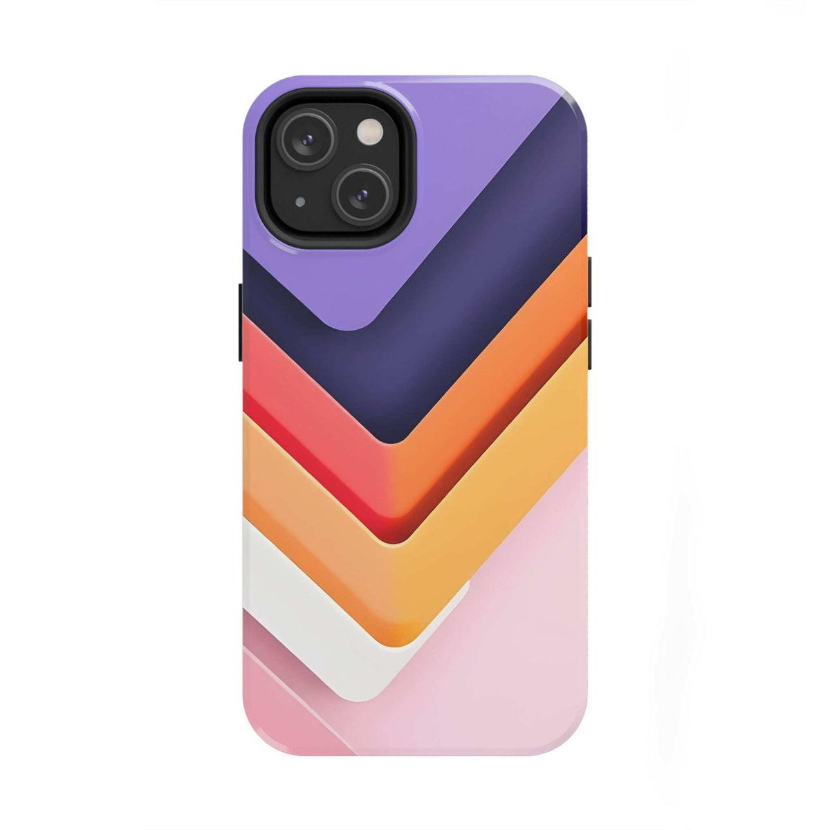 Phone case front with geometric chevron pattern in purple/navy, orange, red, yellow, white