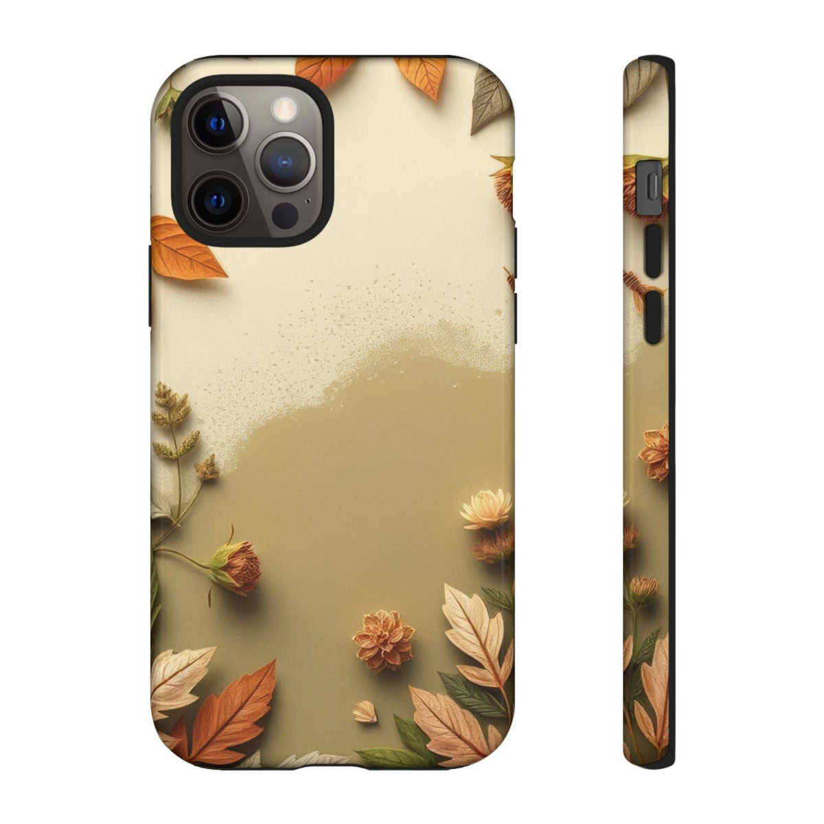 Autumn leaf phone case front view, beige leaf pattern, multi-camera cutout and flash opening