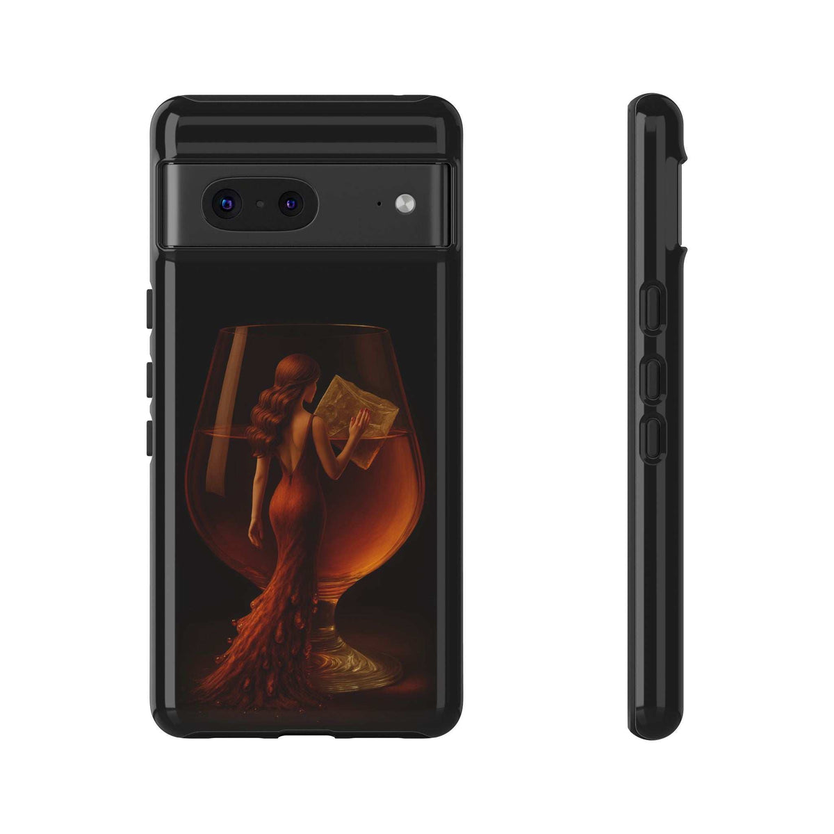 Glossy black phone case, backside view; lady holding book graphic under a clear top panel.