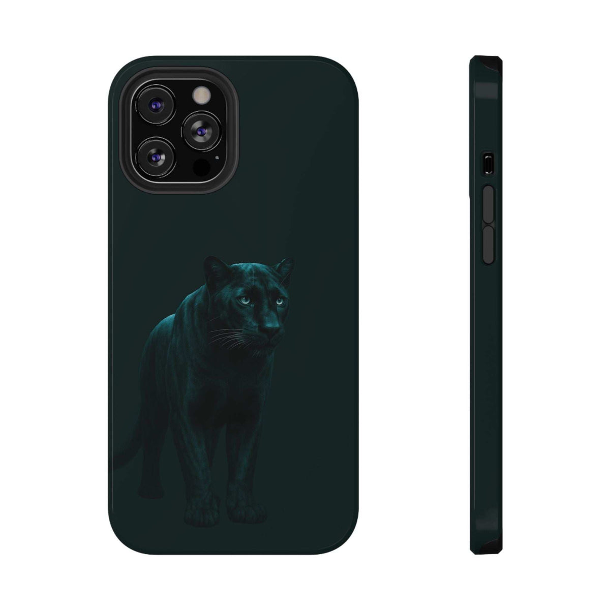 Dark teal phone case featuring a teal panther design, showing camera lenses and side ports