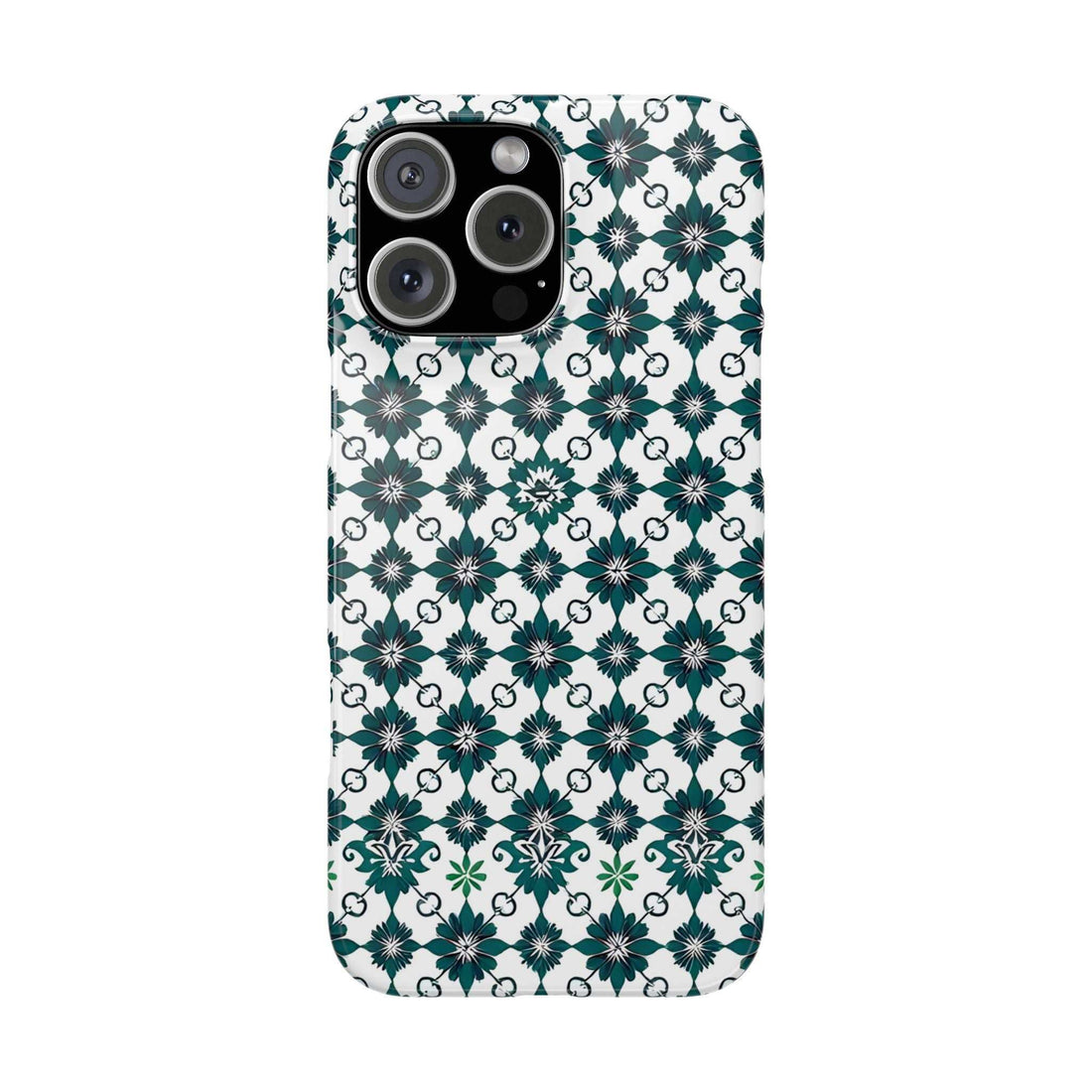Phone case with white background and teal-green geometric floral pattern, camera cutouts.