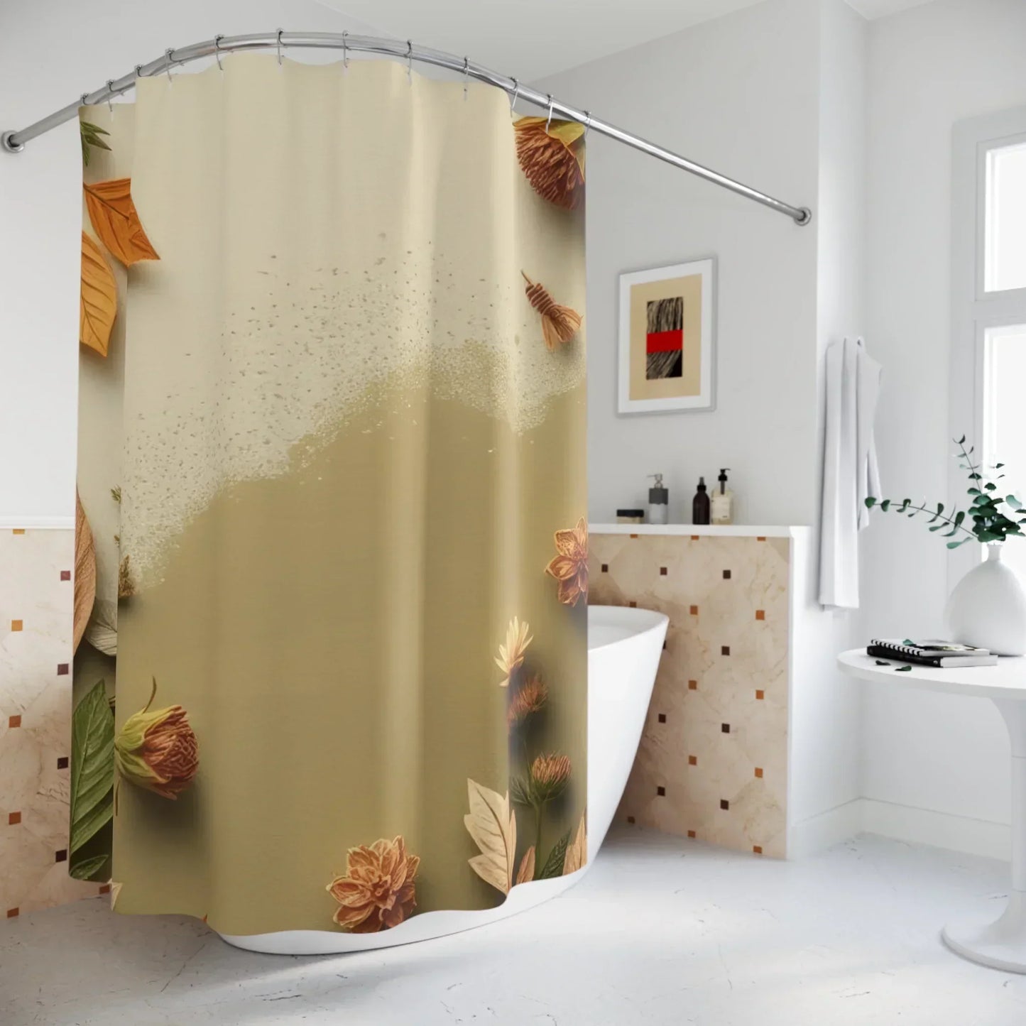 Autumn Leaves & Floral Border Waterproof Fabric Shower Curtain - KarArmDesign