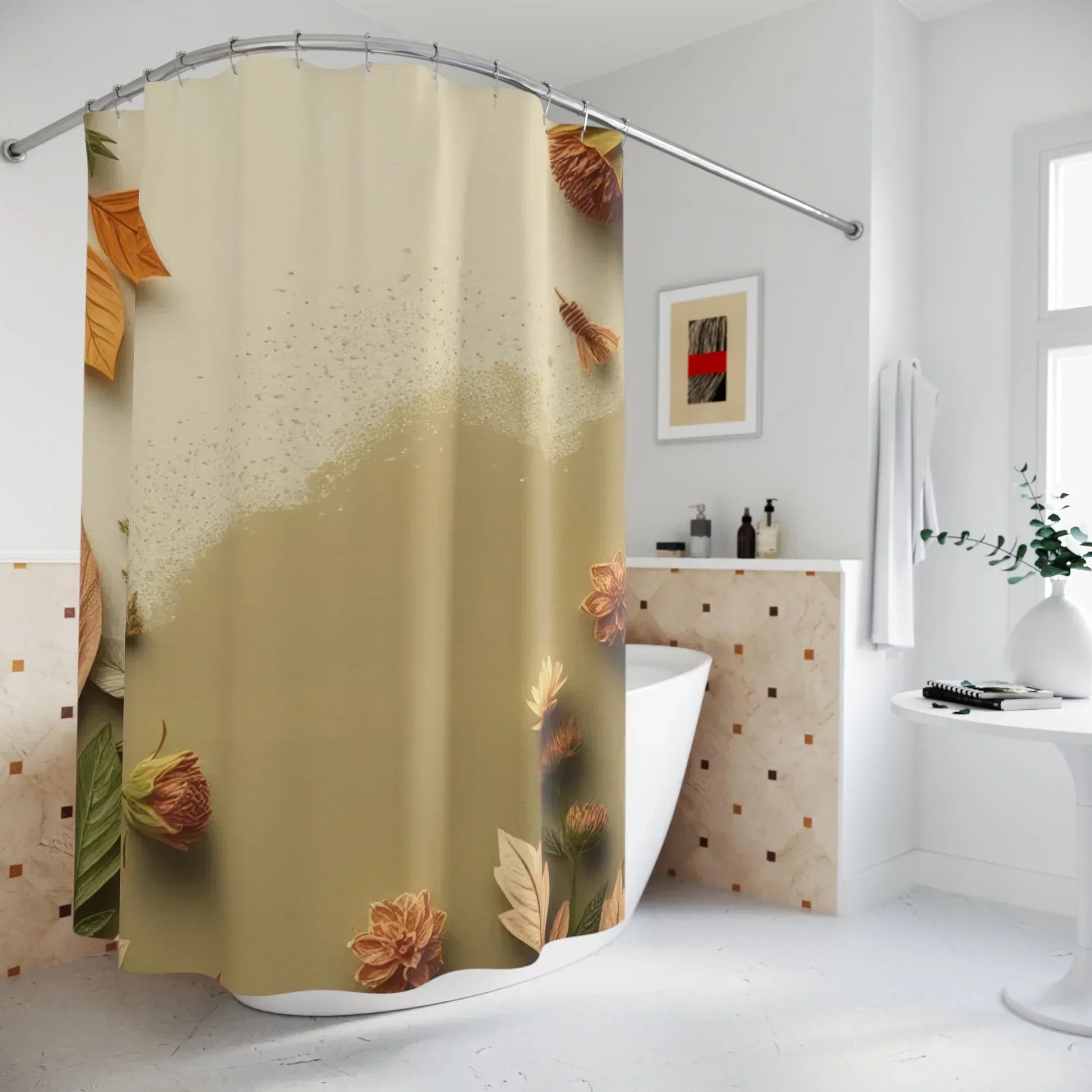 Autumn Leaves & Floral Border Waterproof Fabric Shower Curtain - KarArmDesign