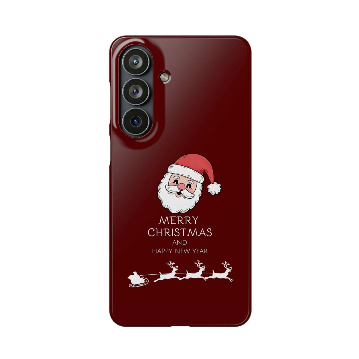 Maroon glossy phone case with Santa graphic and “MERRY CHRISTMAS” on the back