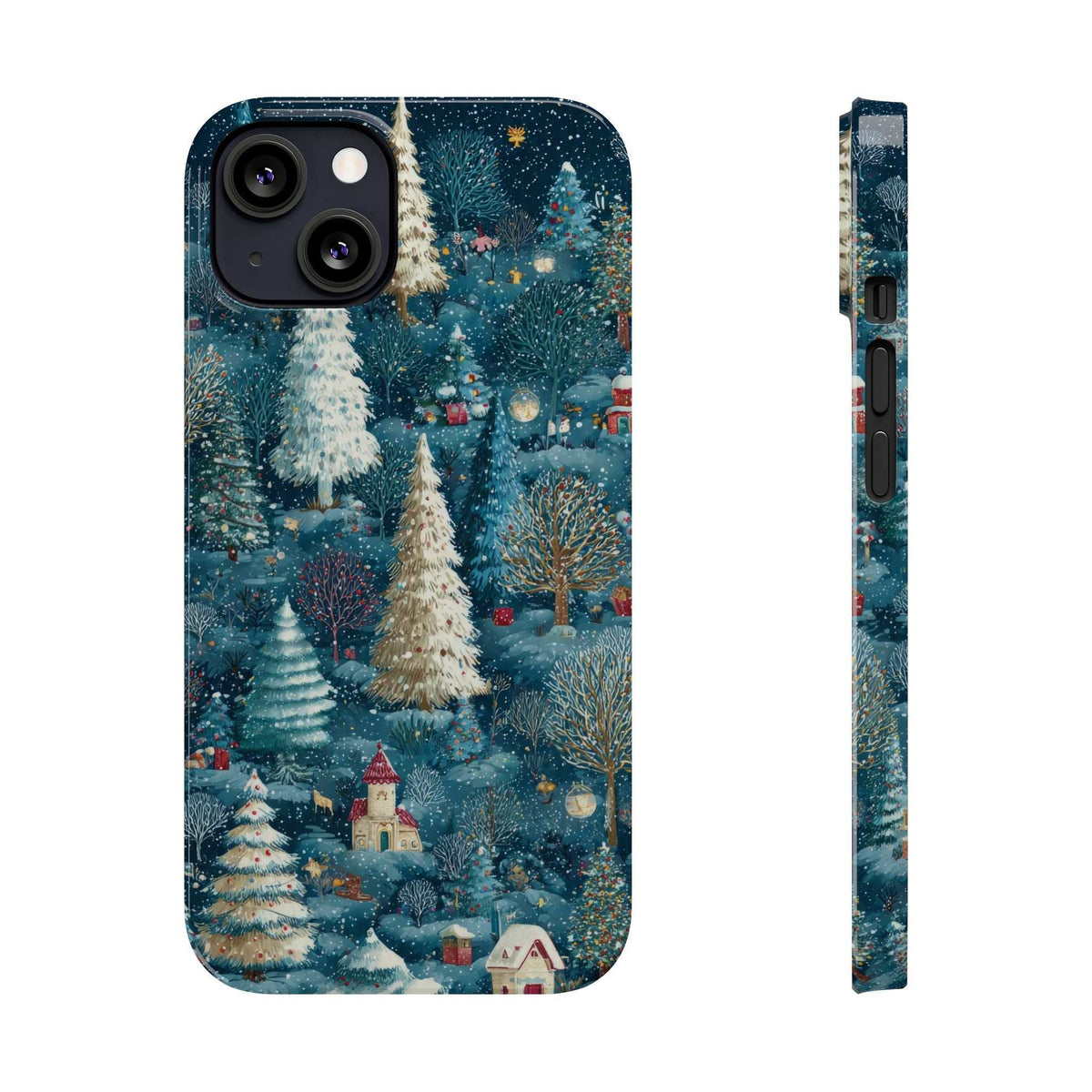 Frosty forest phone case with snowy village scene and forest trees, angled side view.