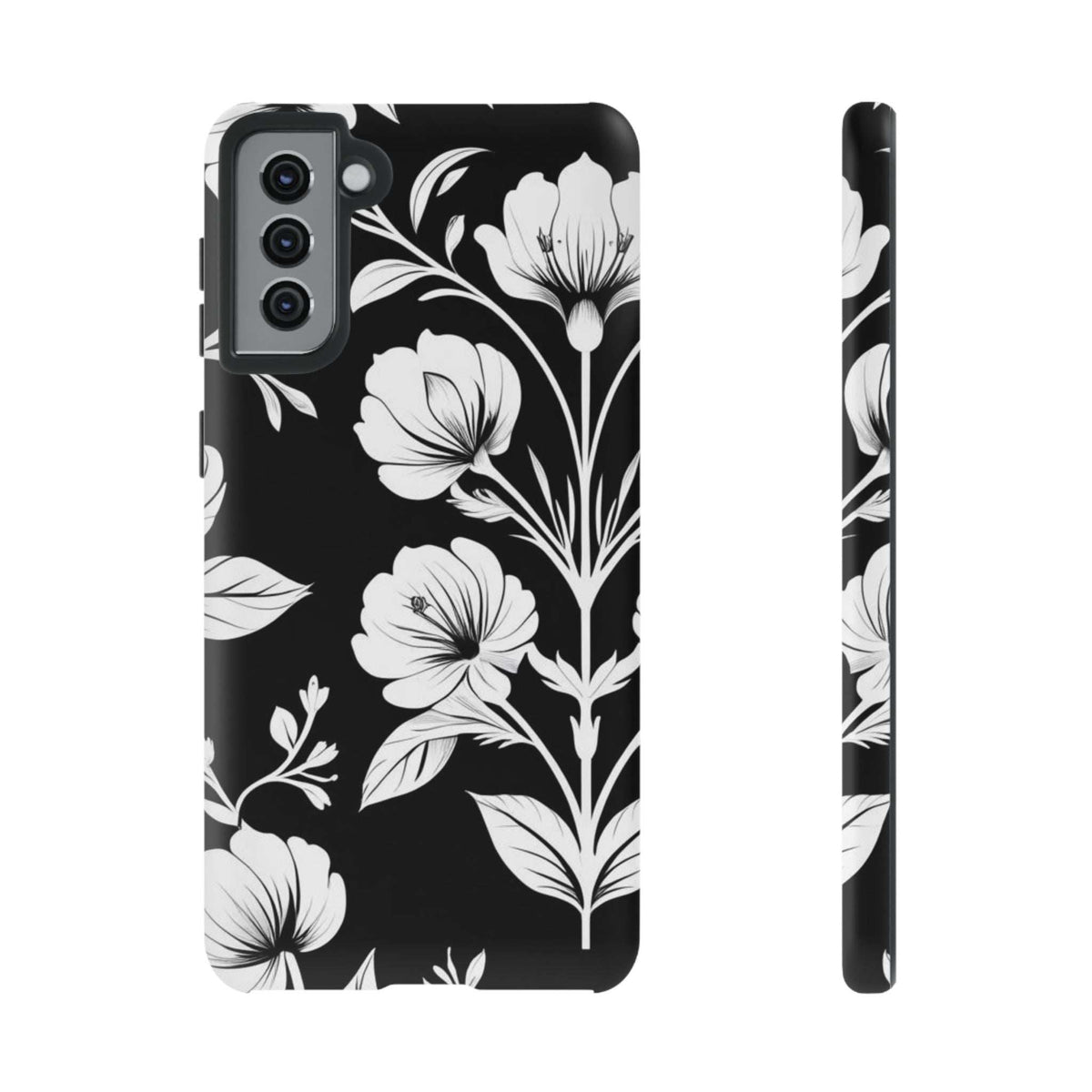 Black phone case with white floral pattern, showing front and slim side profile