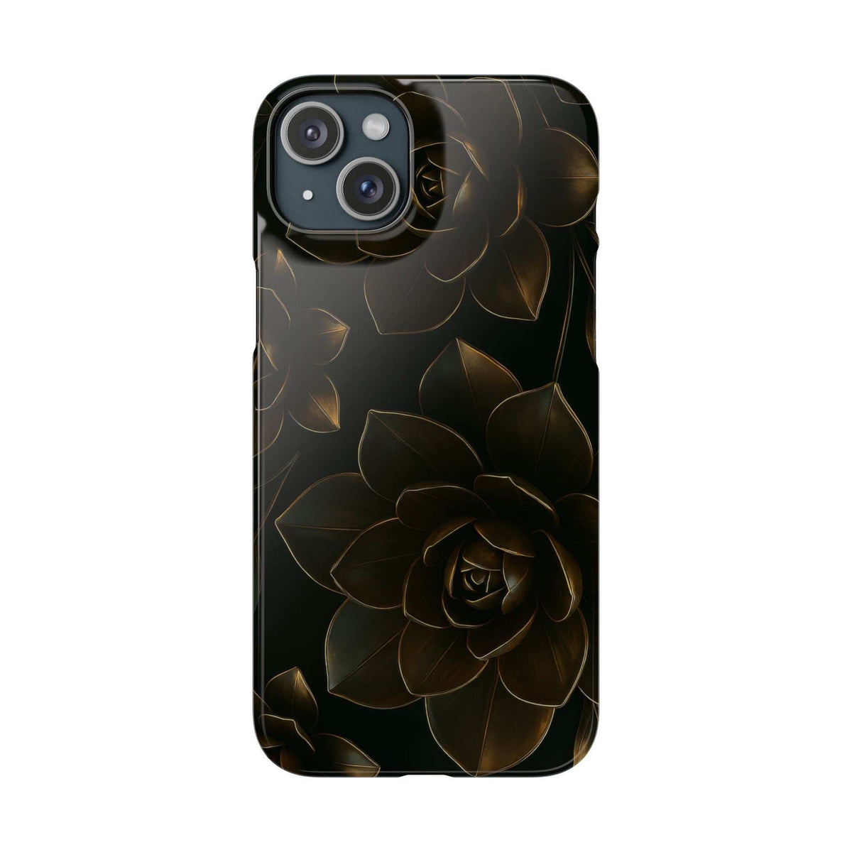 Black glossy phone case with gold rose and leaf line art; smooth back cover