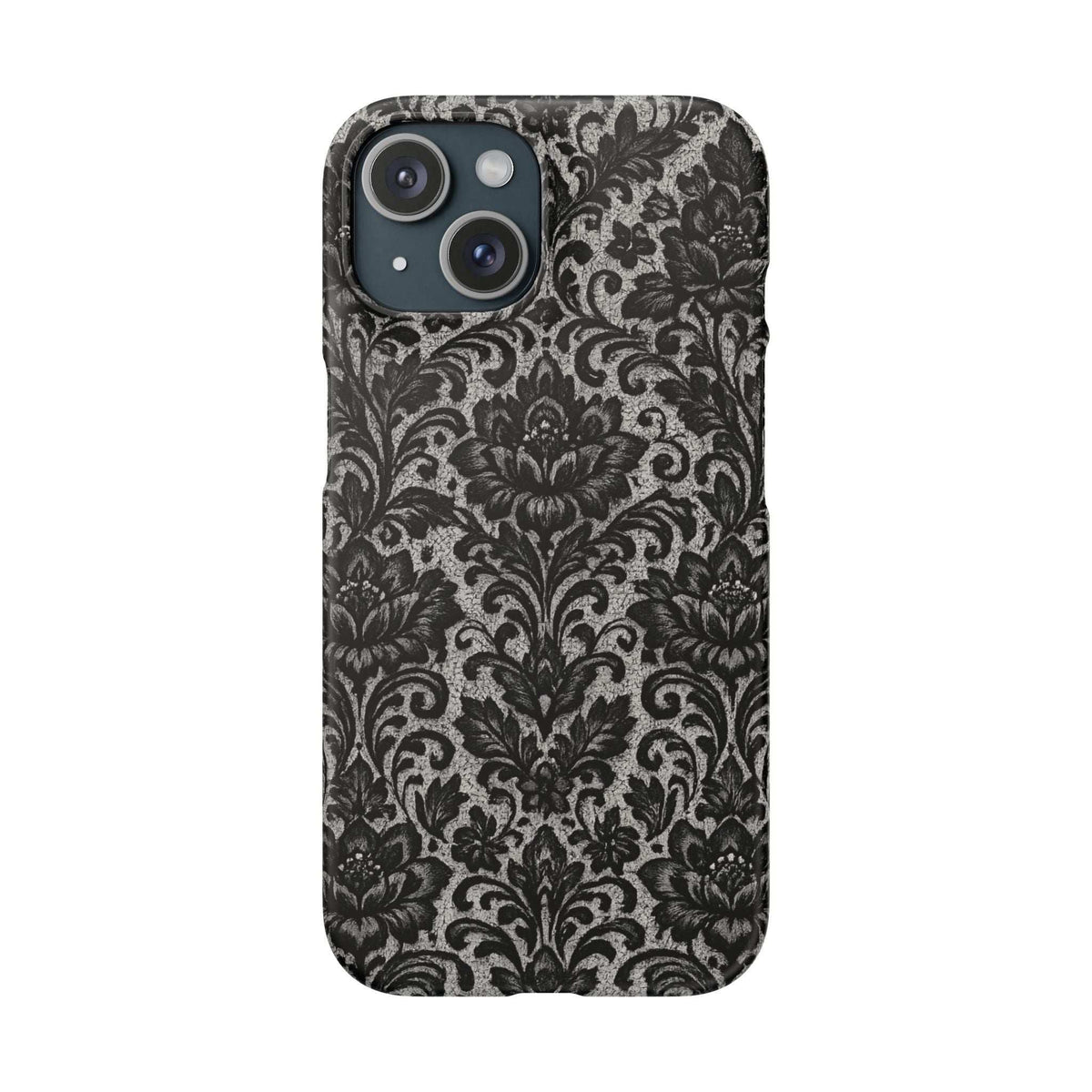 Damask floral phone case in black with three camera cutouts