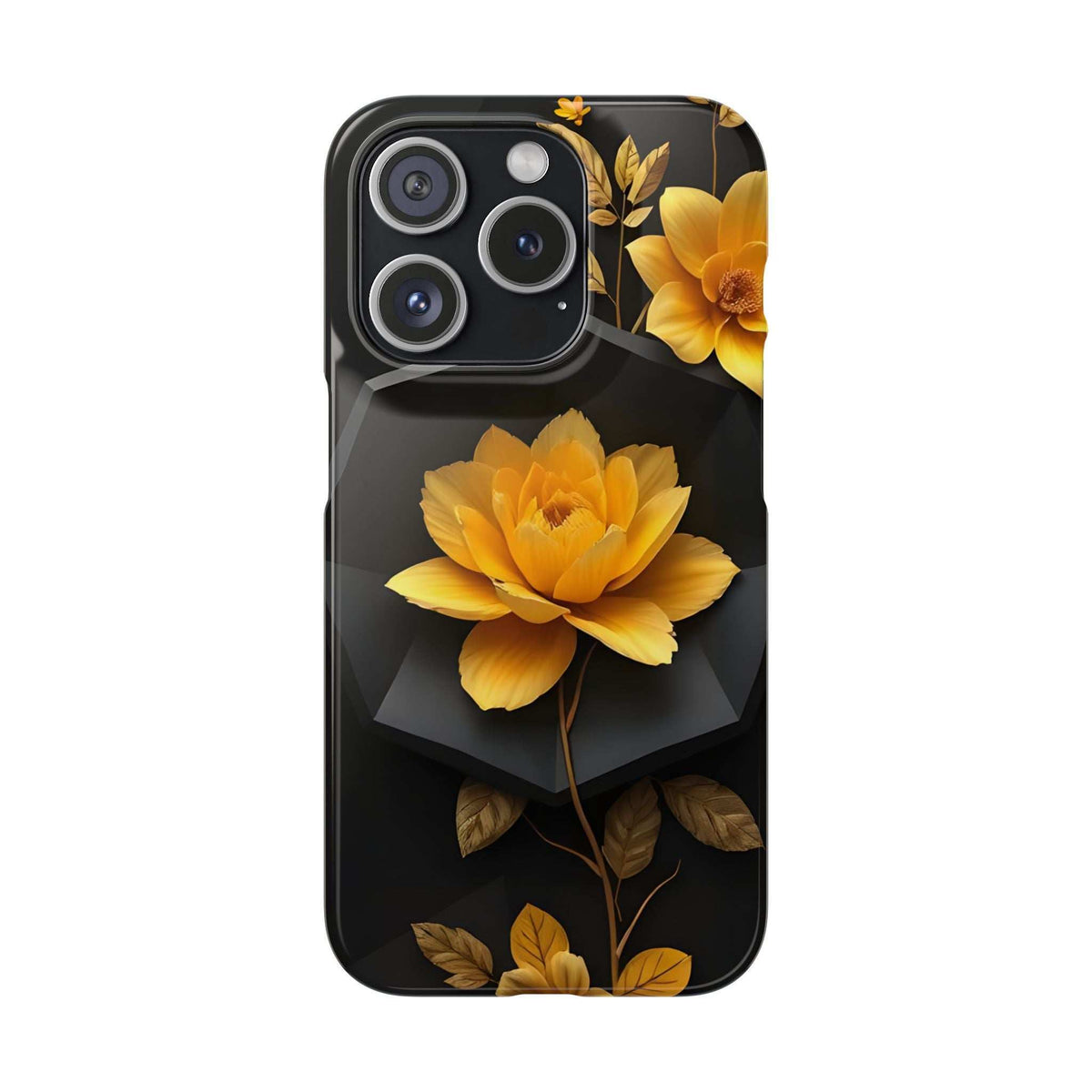 Black phone case with yellow lotus-style bloom, gold foliage, and triple camera cutouts.