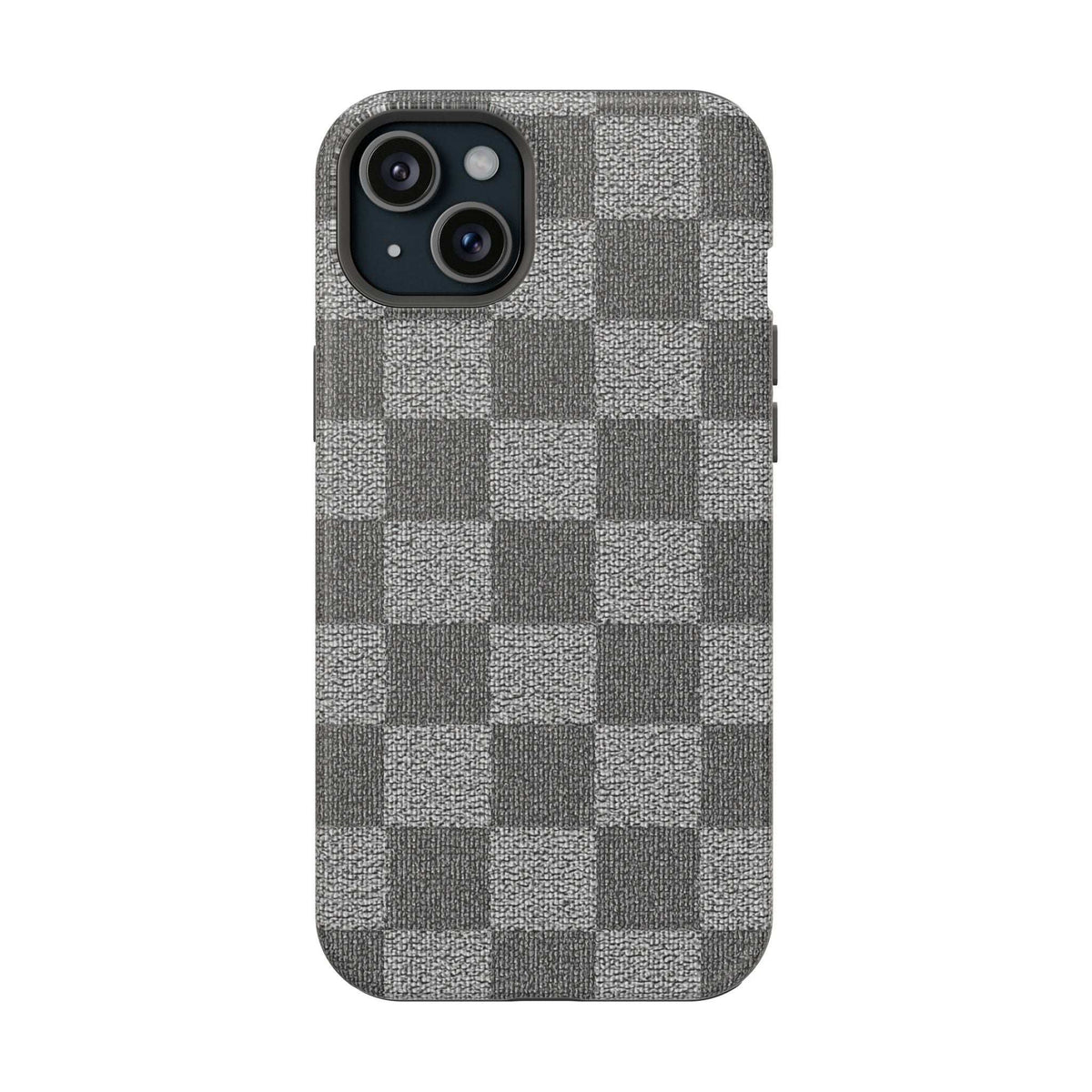 Gray checkered phone case with fabric texture; centered dual camera openings on back