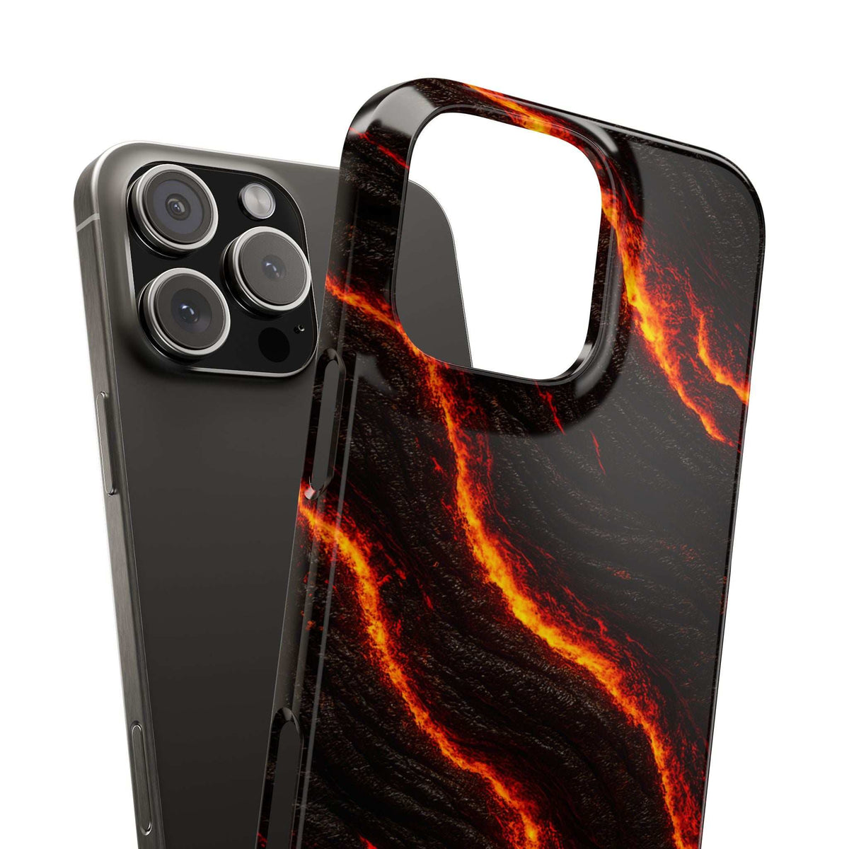 Black lava-wave phone case with camera openings and cutout, orange-red glow
