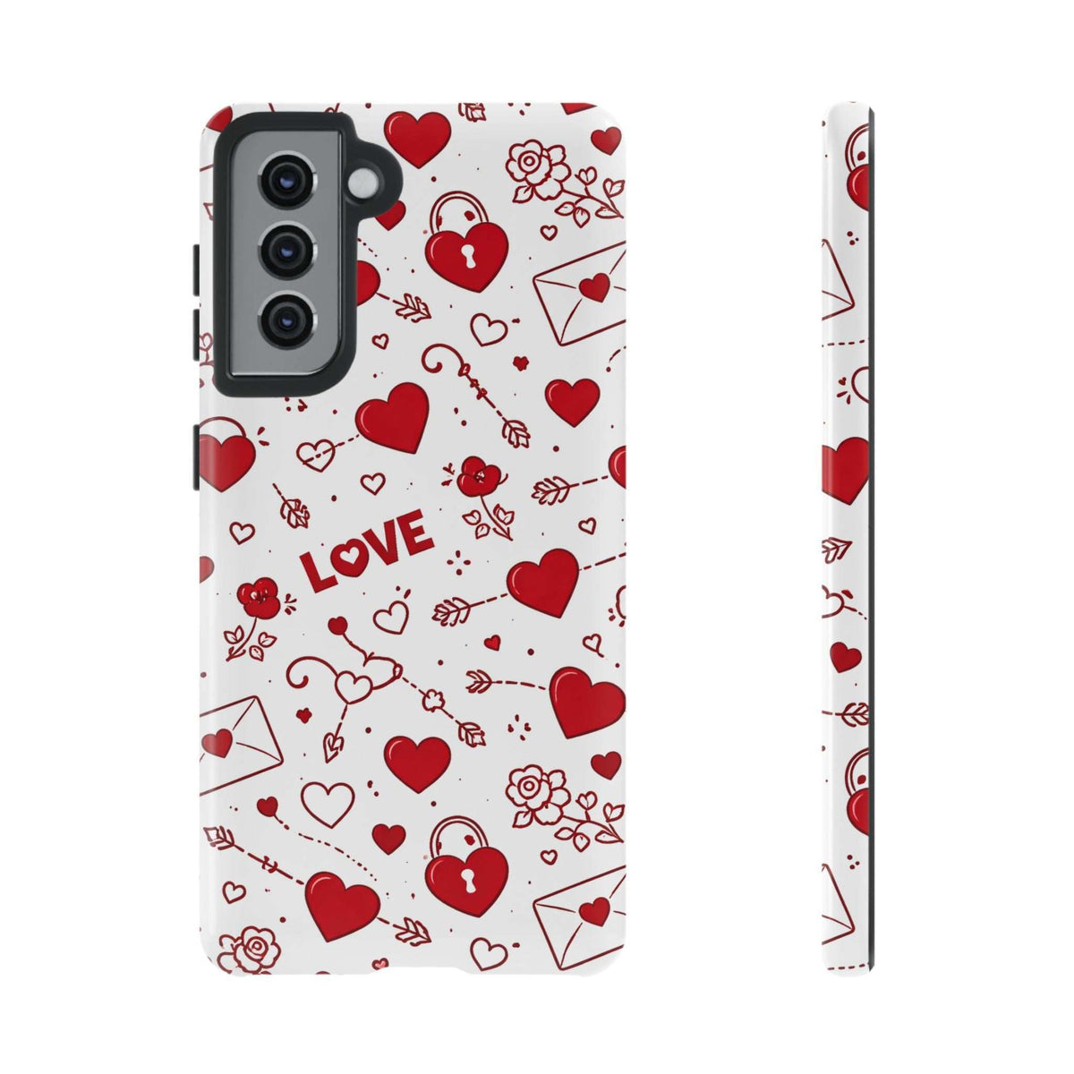 White phone case with red hearts, bows, and LOVE lettering; raised camera module cutout.