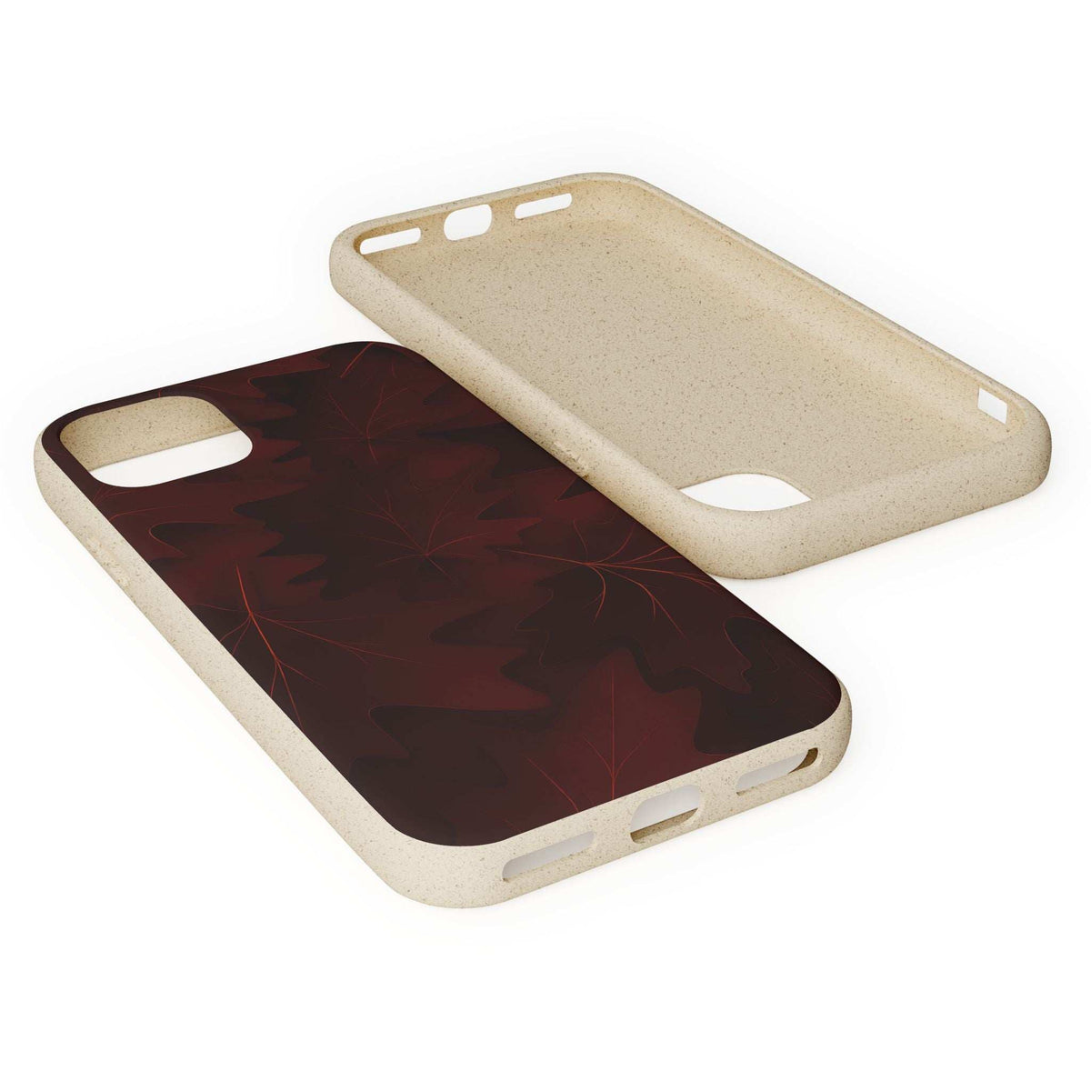 Phone case with maroon leaf pattern and light tan case edges, showing front and back