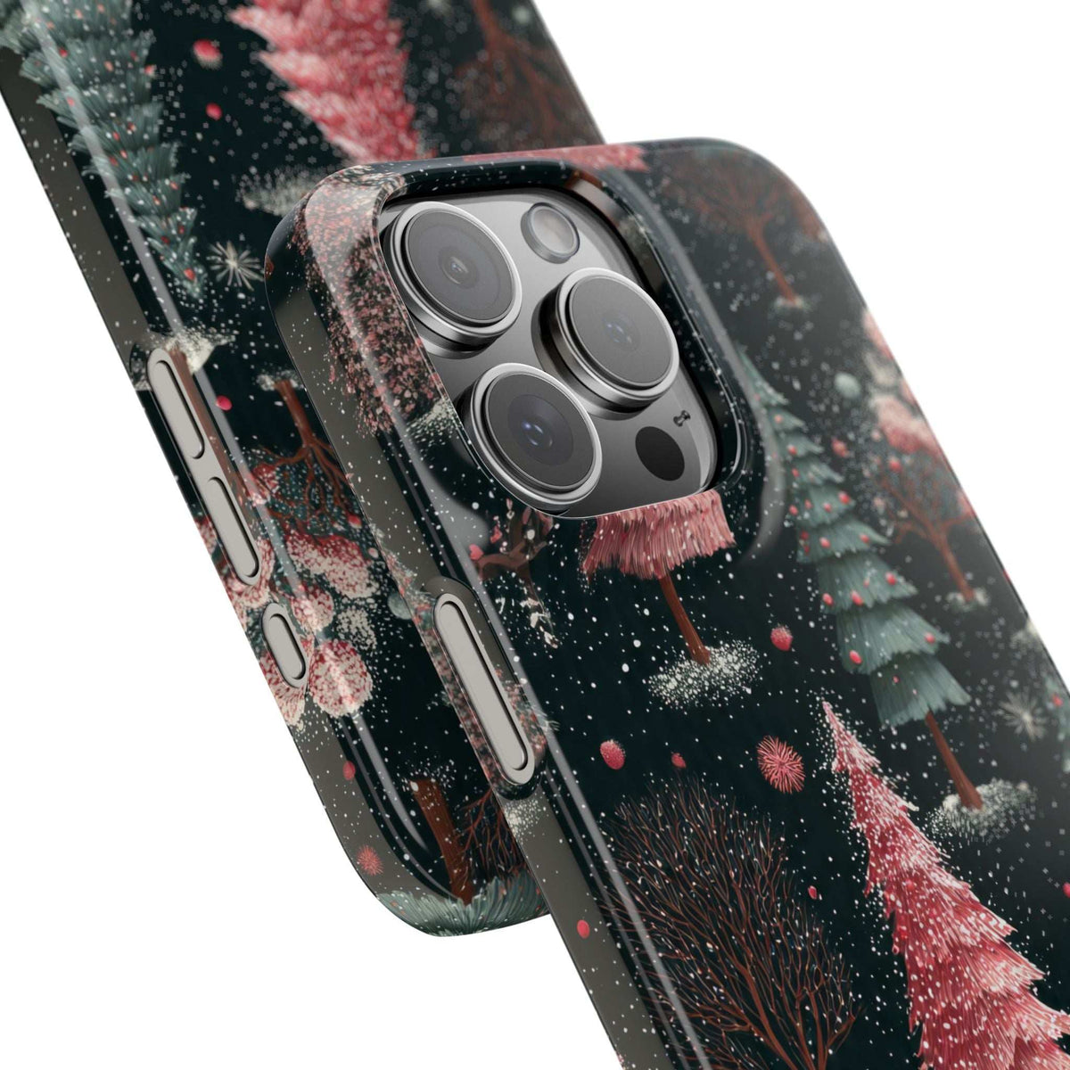 Glossy phone case with camera cutouts, winter forest snowy design