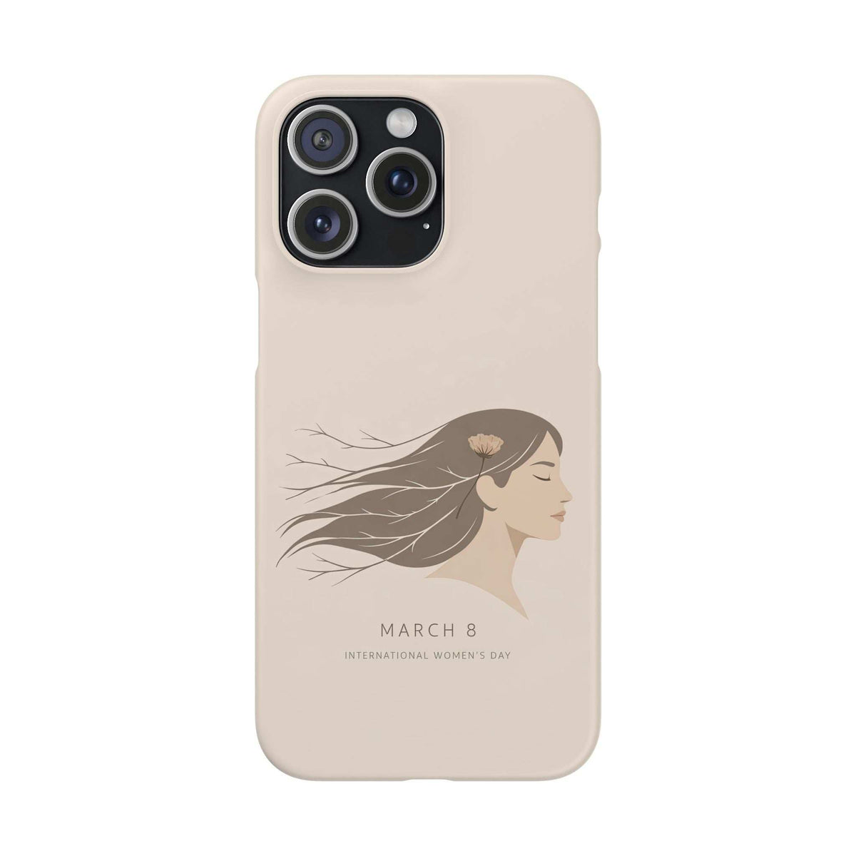 Beige phone case showing quad camera cutout and March 8 women’s day graphic artwork