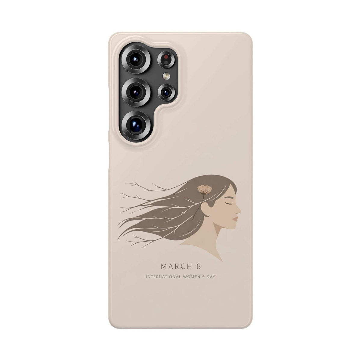 Beige phone case with large quad camera cutout and women’s day profile graphic on back