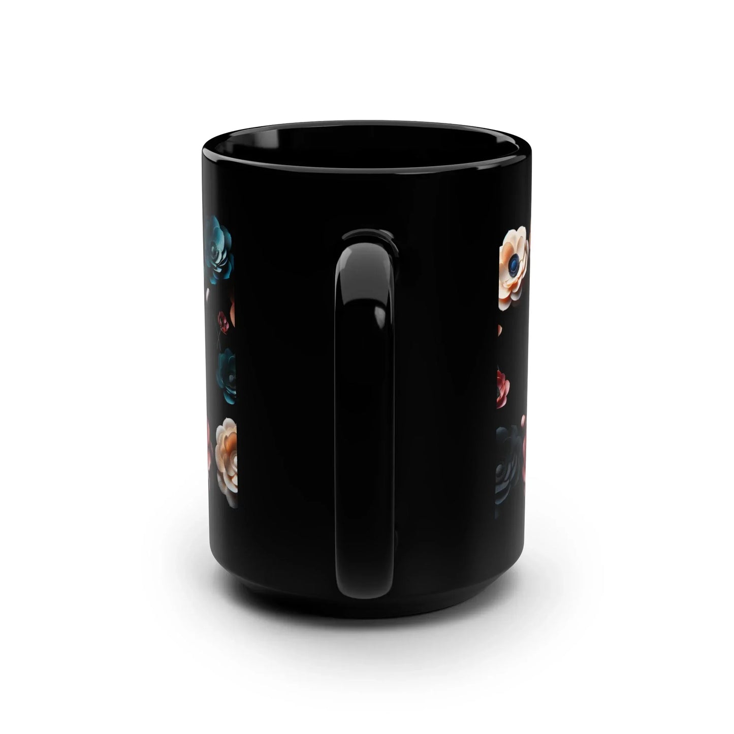 Midnight Bloom – Elegant Black Ceramic Floral Mug - 15oz - KarArmDesign