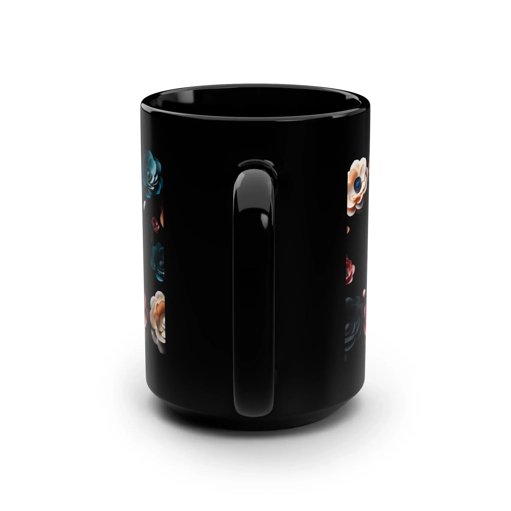 Midnight Bloom – Elegant Black Ceramic Floral Mug - 15oz - KarArmDesign