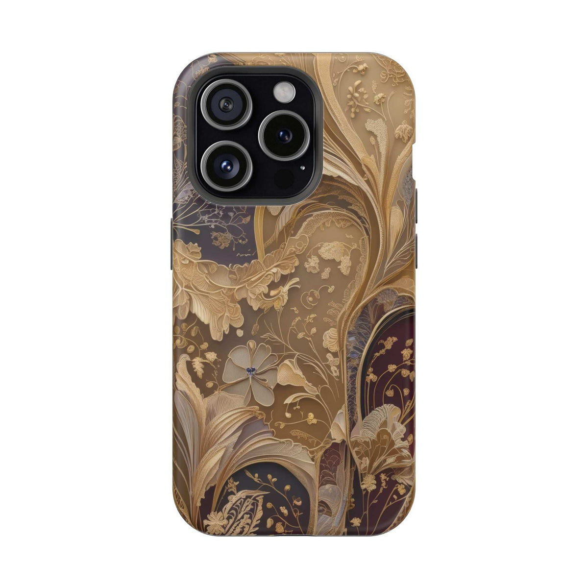 Ornate botanical phone case with gold floral pattern and dark accents; back camera cutouts.
