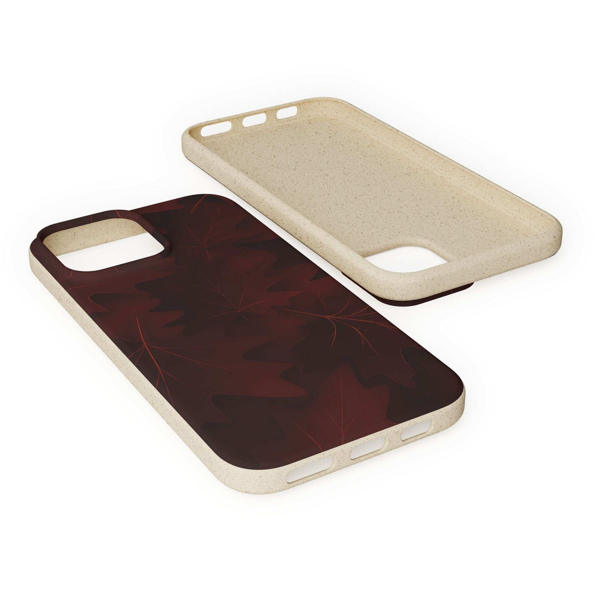 Phone case with maroon leaves on dark background and light tan border with camera cutout