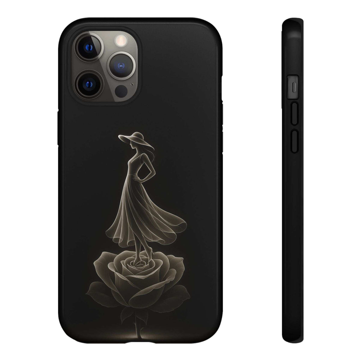 Glossy black phone case with floral dancer illustration and raised camera cutouts