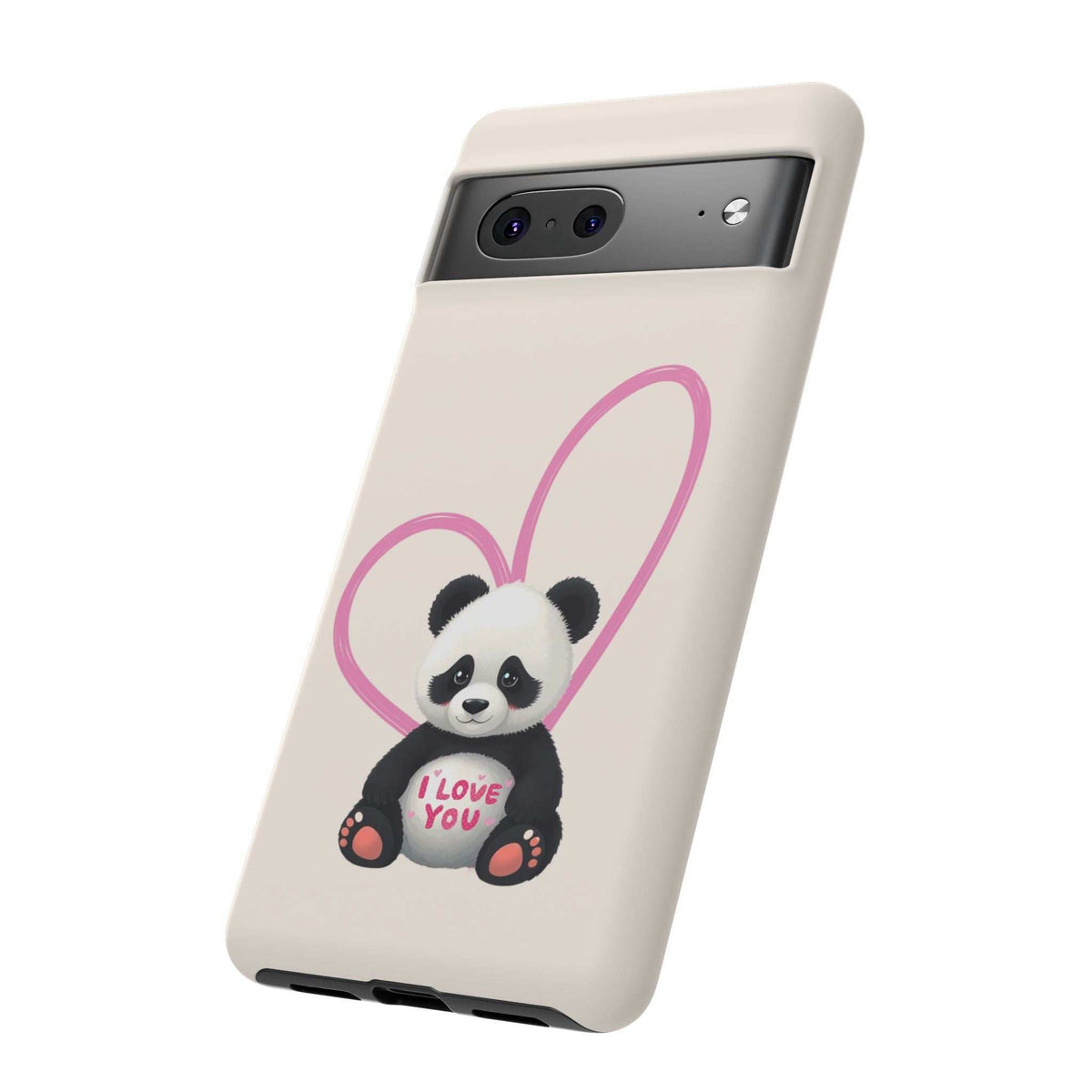Side view of cream phone case with panda and pink heart graphic